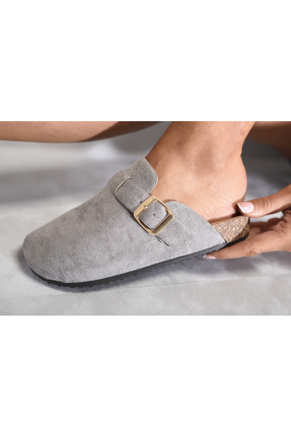 Danica Suede With Buckle Details Slip On Sandals - Grey
