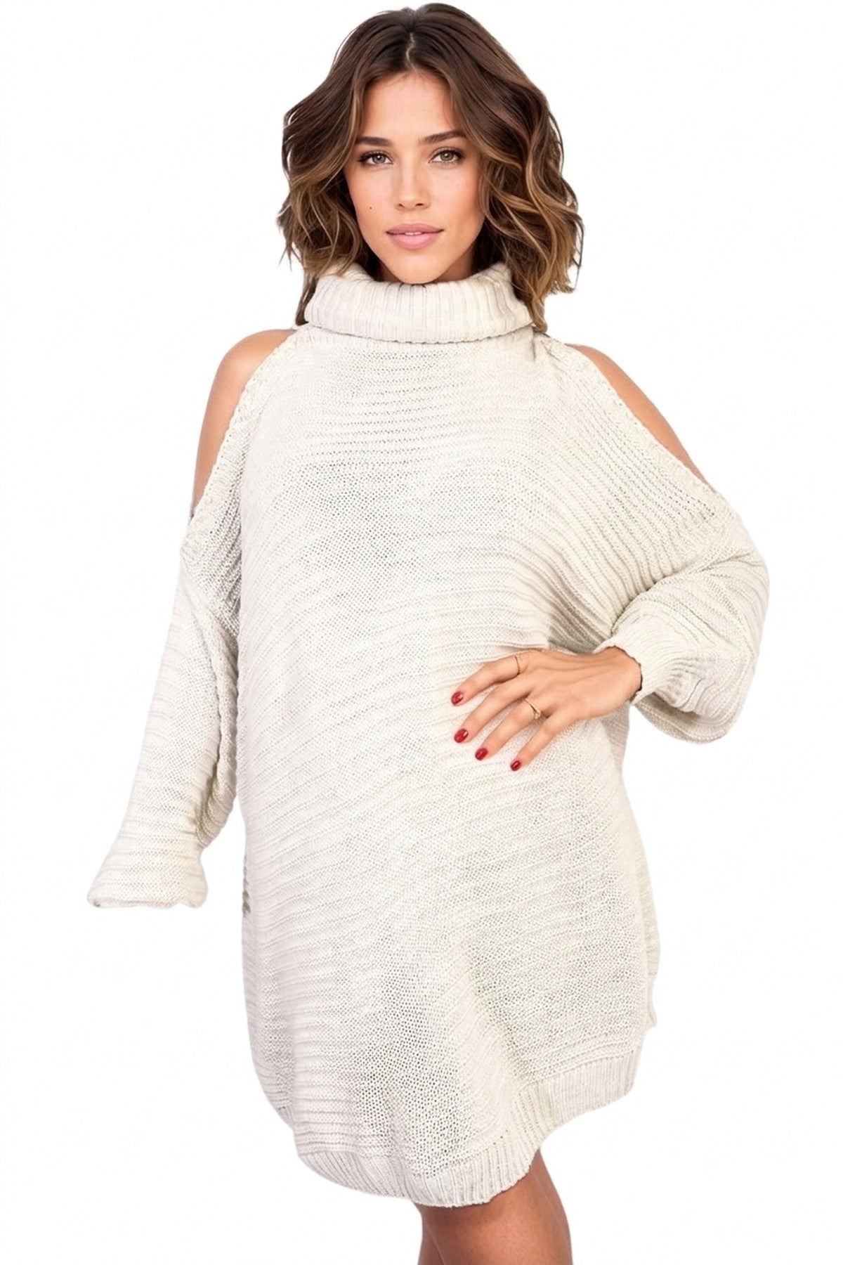 Bria High Neck Oversized Open Shoulder Long Sleeve Knitted Jumper - Beige