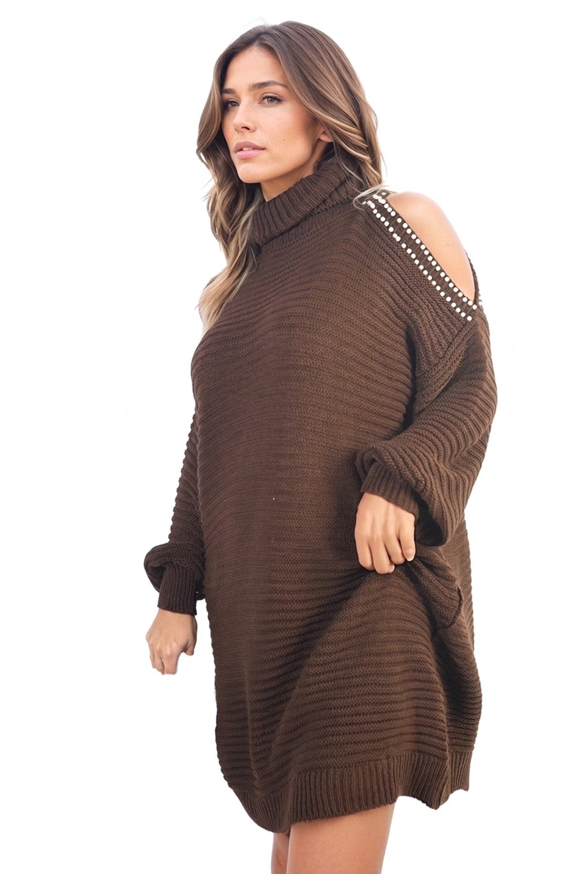 Bria High Neck Oversized Open Shoulder Long Sleeve Knitted Jumper - Brown