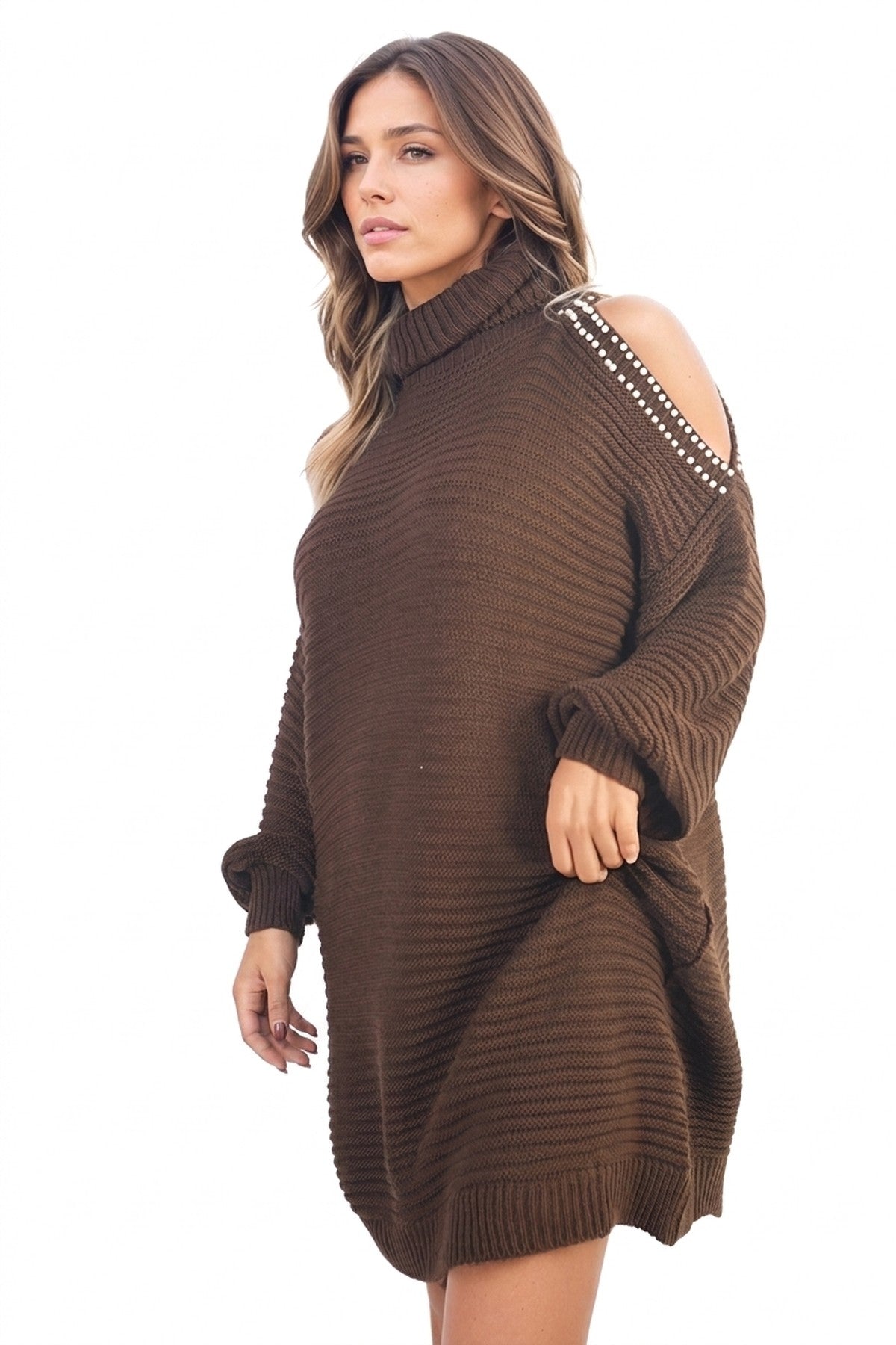 Bria High Neck Oversized Open Shoulder Long Sleeve Knitted Jumper - Brown_wb