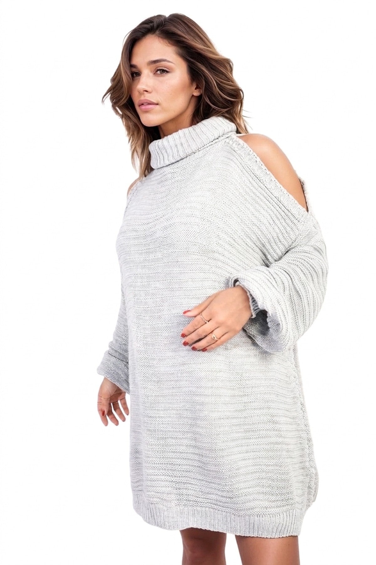 Bria High Neck Oversized Open Shoulder Long Sleeve Knitted Jumper - Grey
