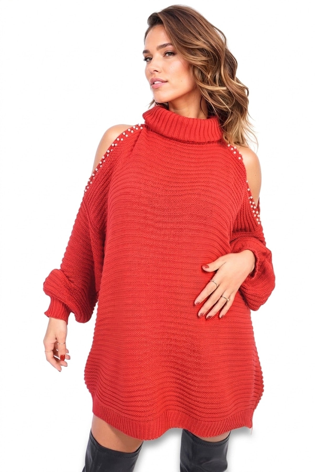 Bria High Neck Oversized Open Shoulder Long Sleeve Knitted Jumper - Red_wb