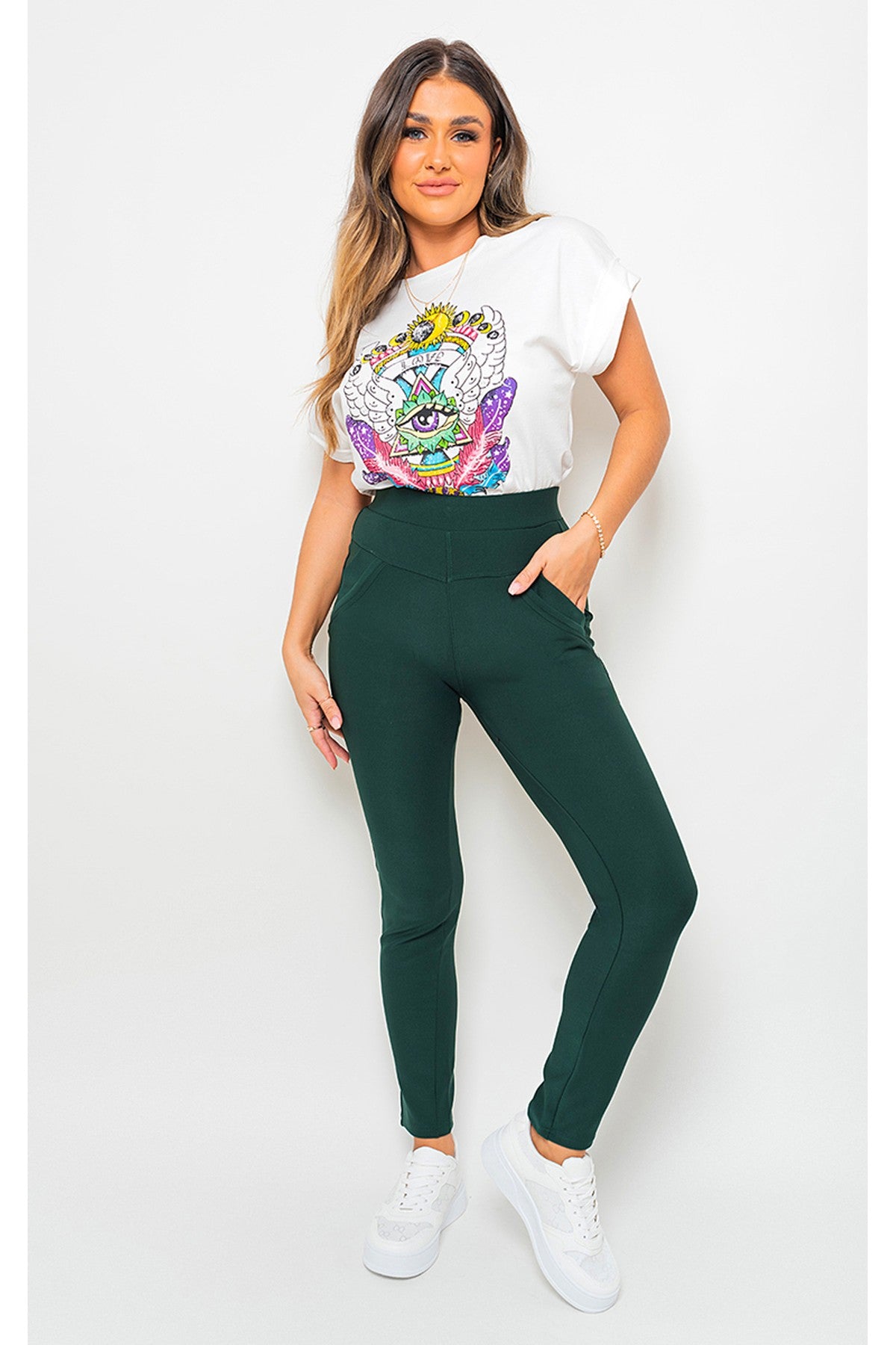 Selene Wide Waistband Trouser With Front Pockets - Dark Green