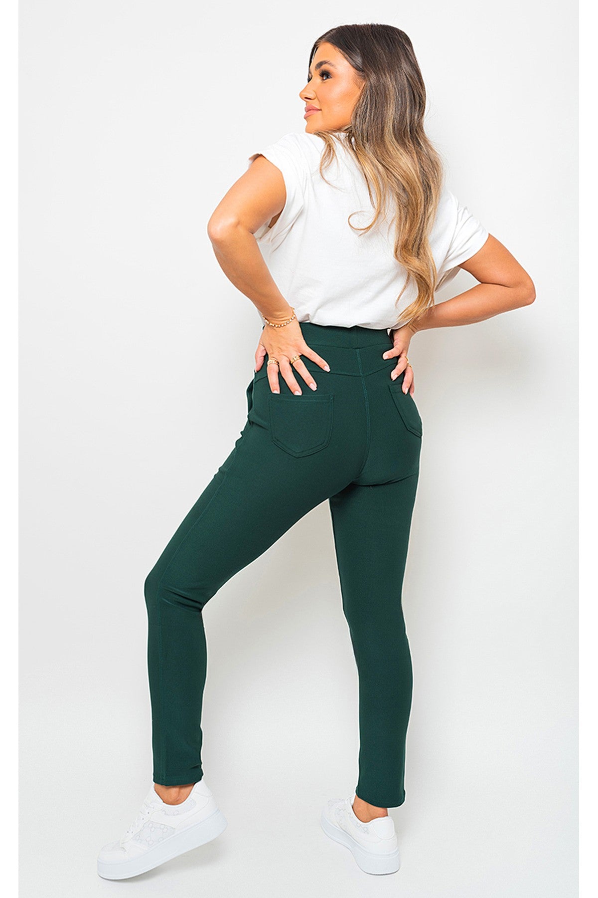 Selene Wide Waistband Trouser With Front Pockets - Dark Green
