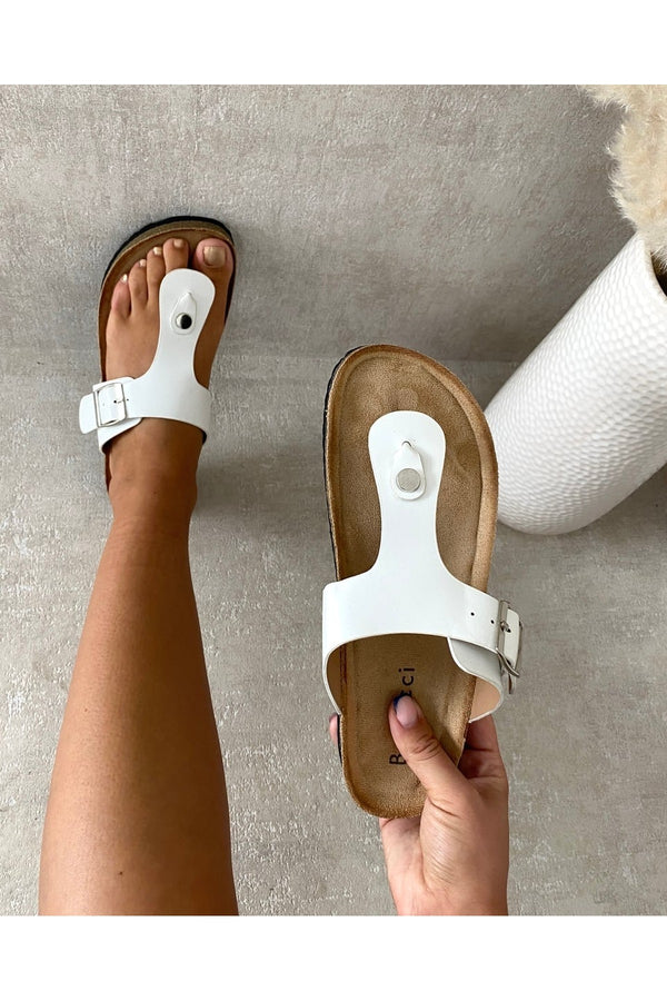Dayana T-strap Slip On Flat Thong Sandals - White