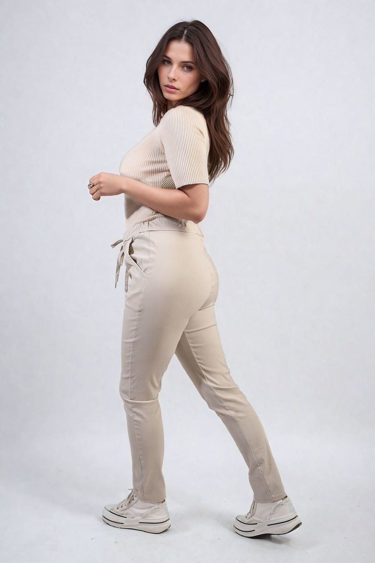 Delilah Casual Drawstring Trousers - Beige