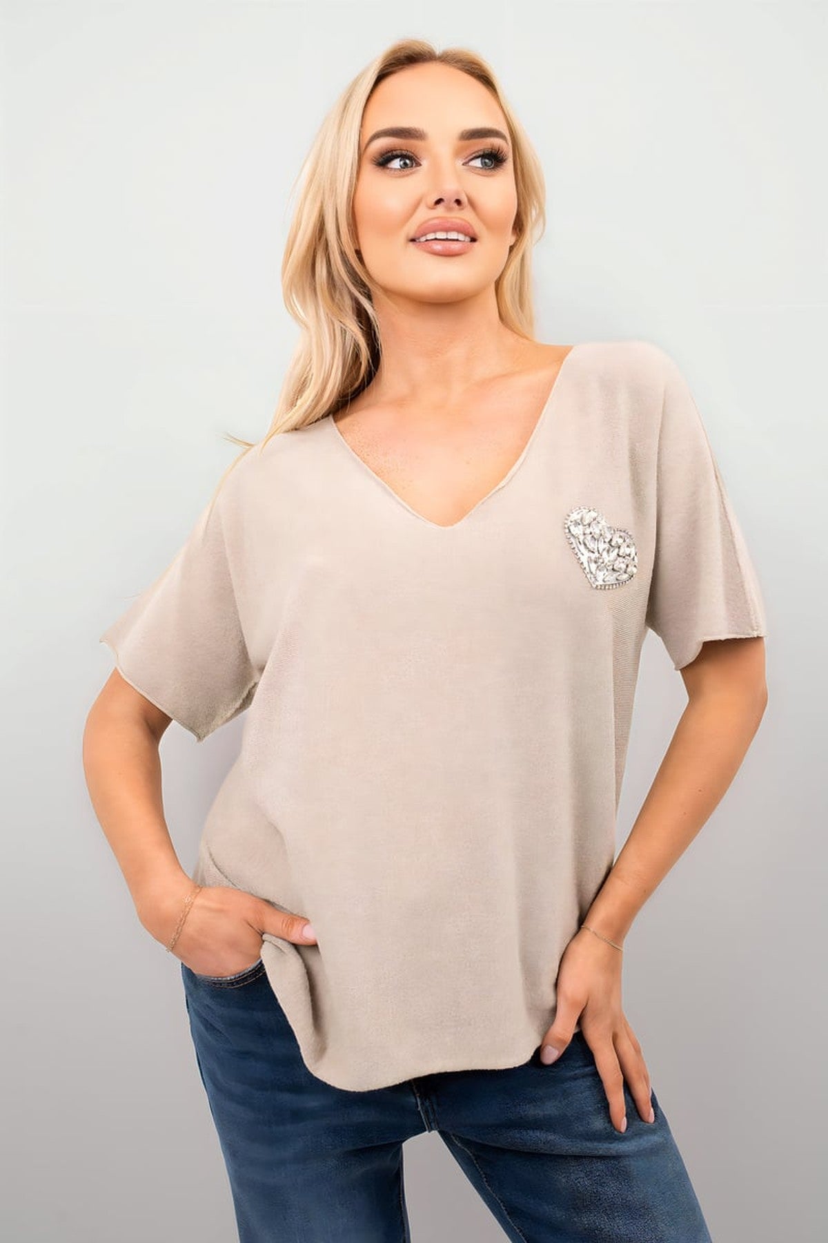 Della Short Sleeve V-neck Oversized Rhinestone Heart Detail Top - Mocha