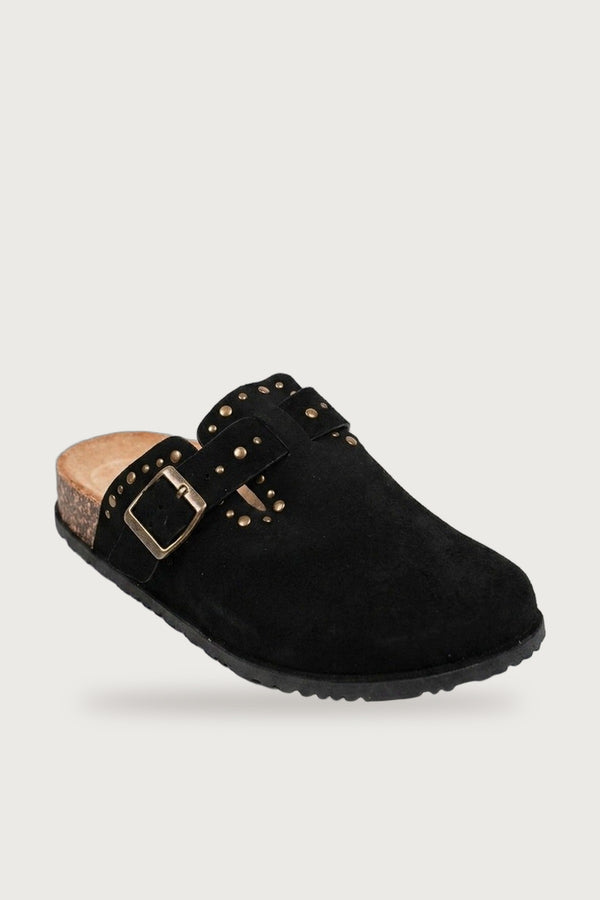 Demi Womens Studded Buckle Clog Mules - Black
