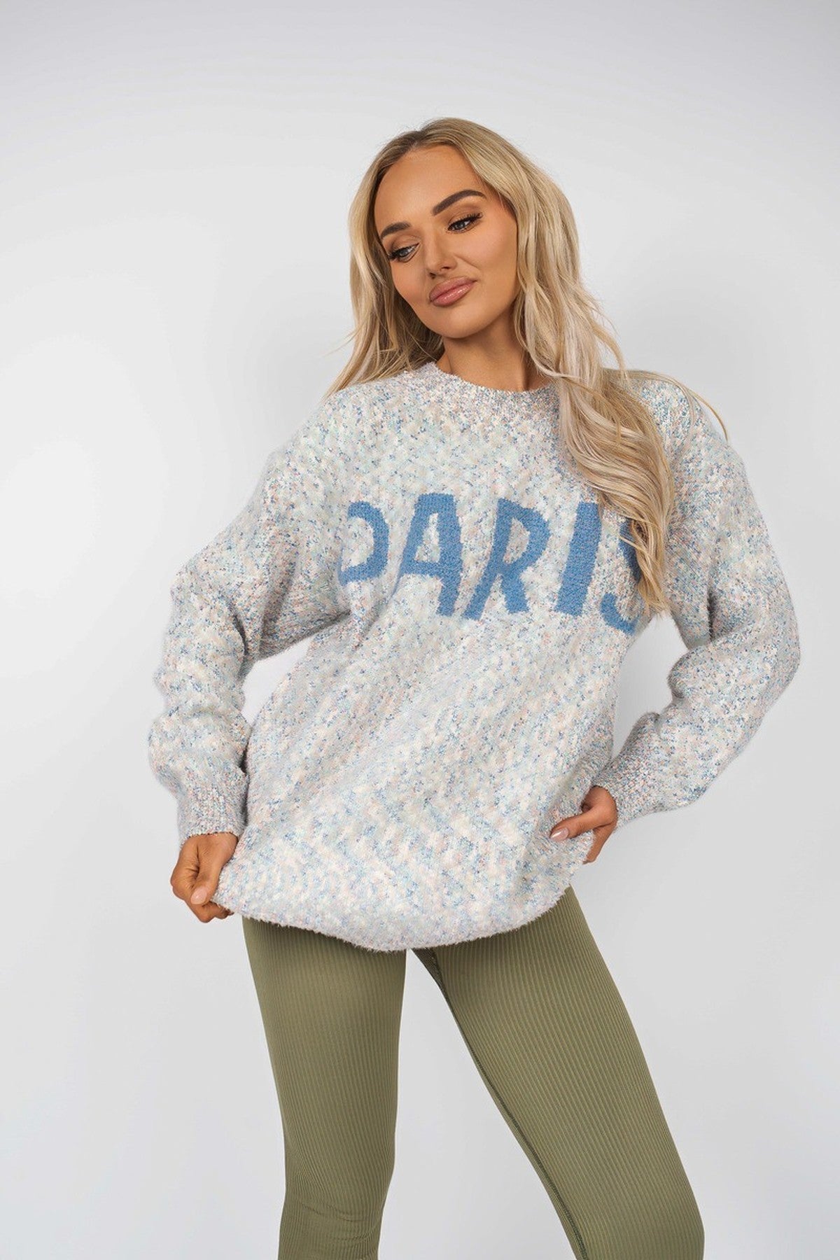 Jalina Long Sleeve Oversized Knitted Jumper With Paris Slogan - Grey