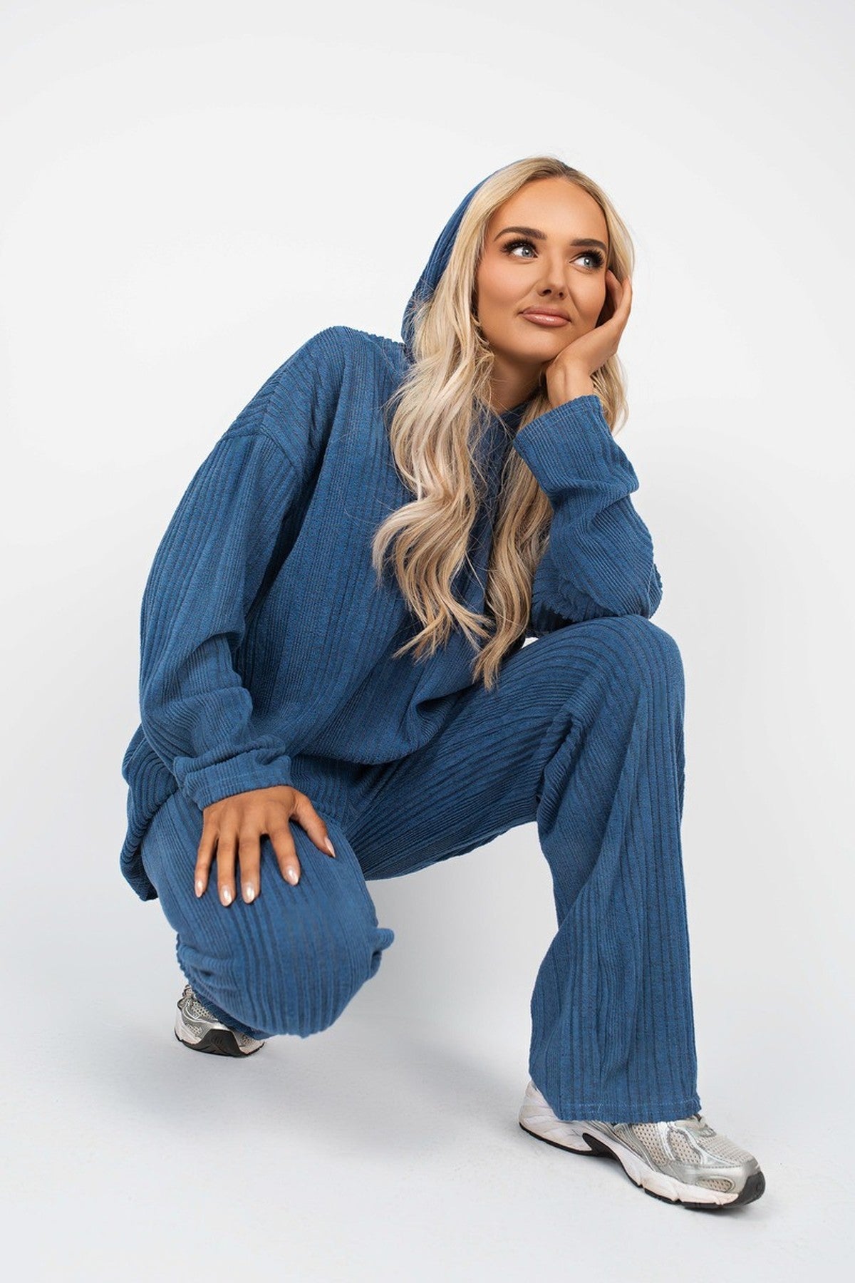Zayana Hooded Ribbed Oversized Top And Wide Leg Lounge Co-ord Set - Denim