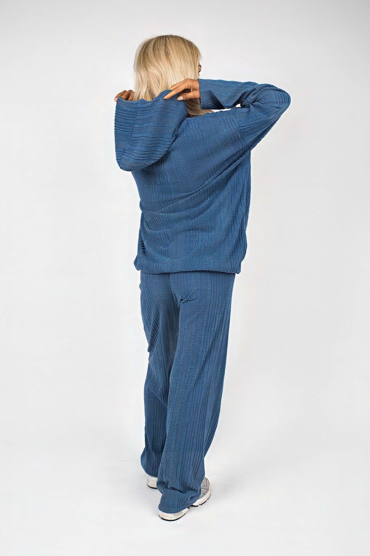 Zayana Hooded Ribbed Oversized Top And Wide Leg Lounge Co-ord Set - Denim