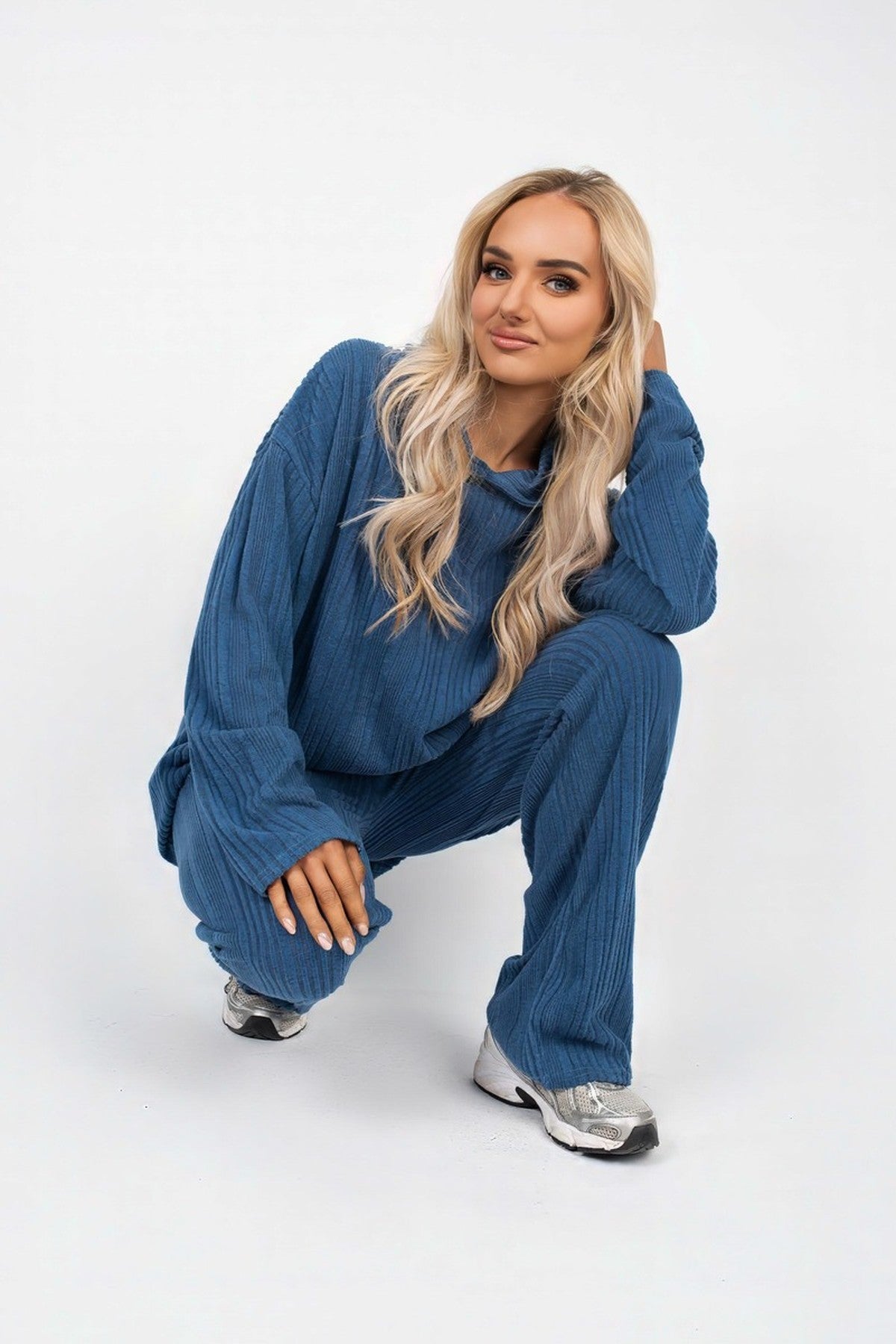 Zayana Hooded Ribbed Oversized Top And Wide Leg Lounge Co-ord Set - Denim