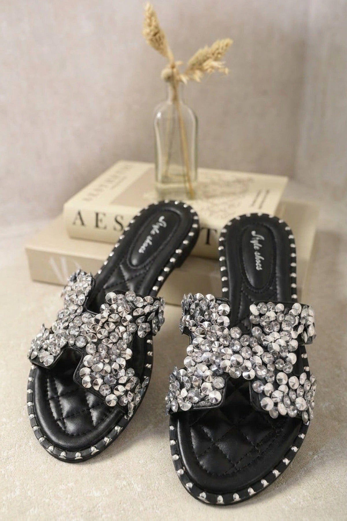 Desiree Embellished Open Toe Flat Sandals - Black