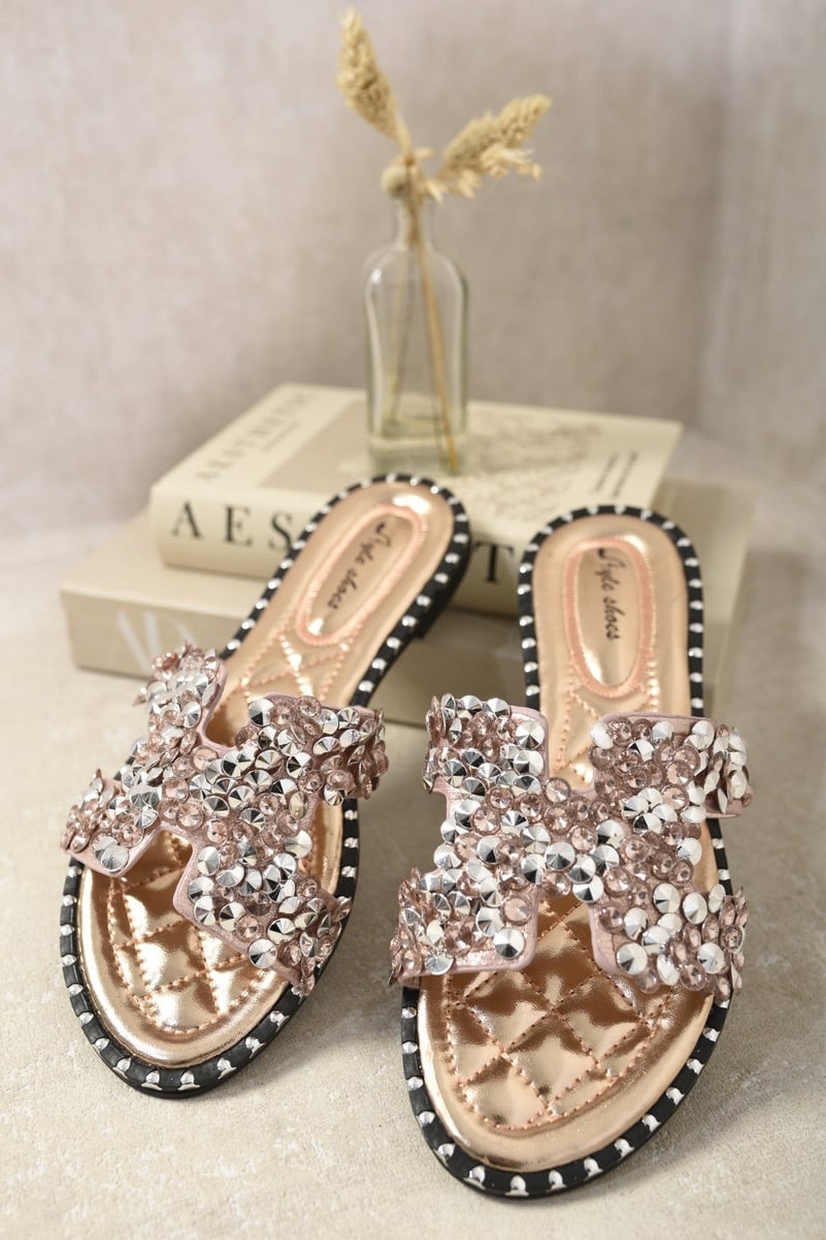 Desiree Embellished Open Toe Flat Sandals - Rose Gold