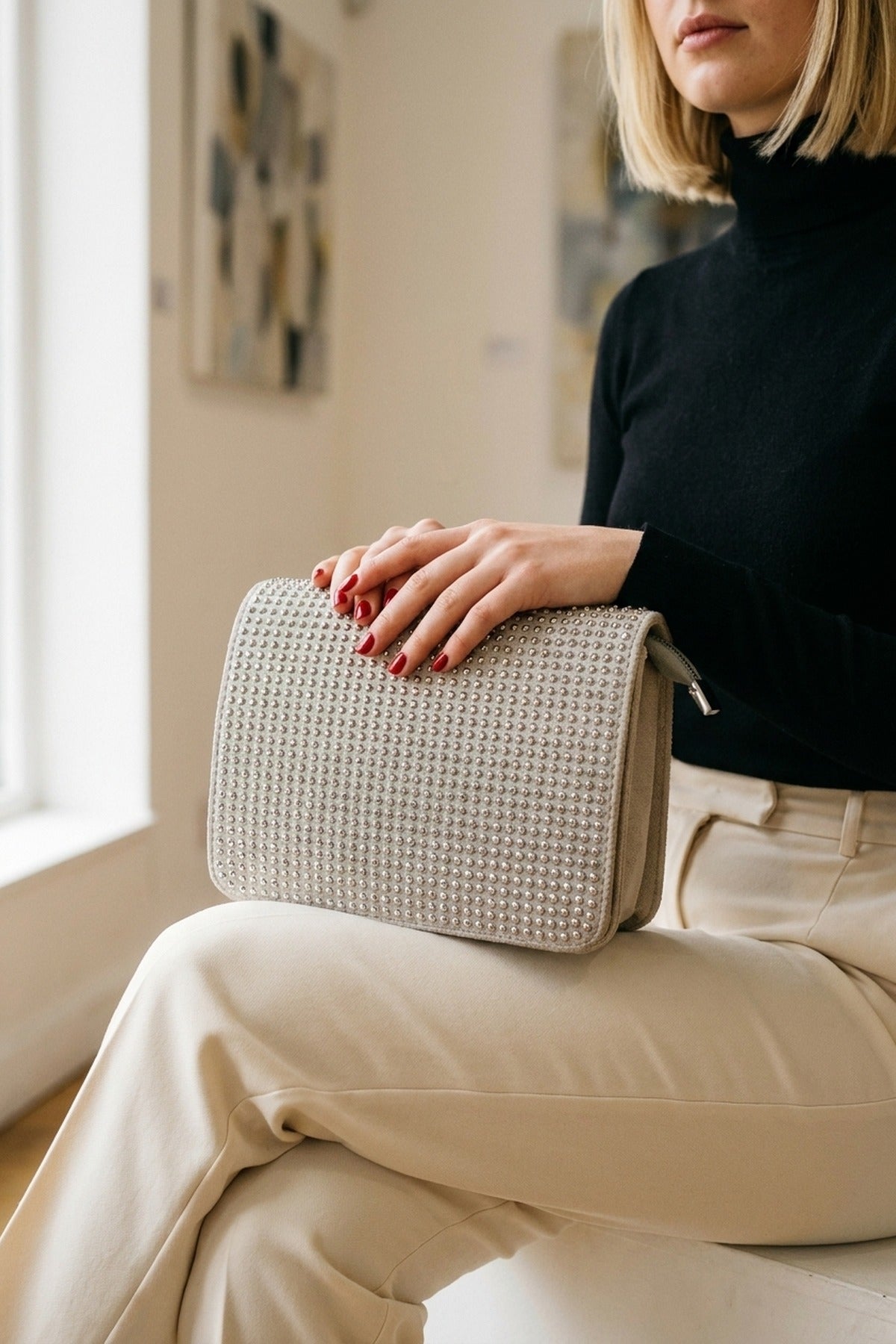 Pearl Diamante Flap Crossbody Bag - Grey