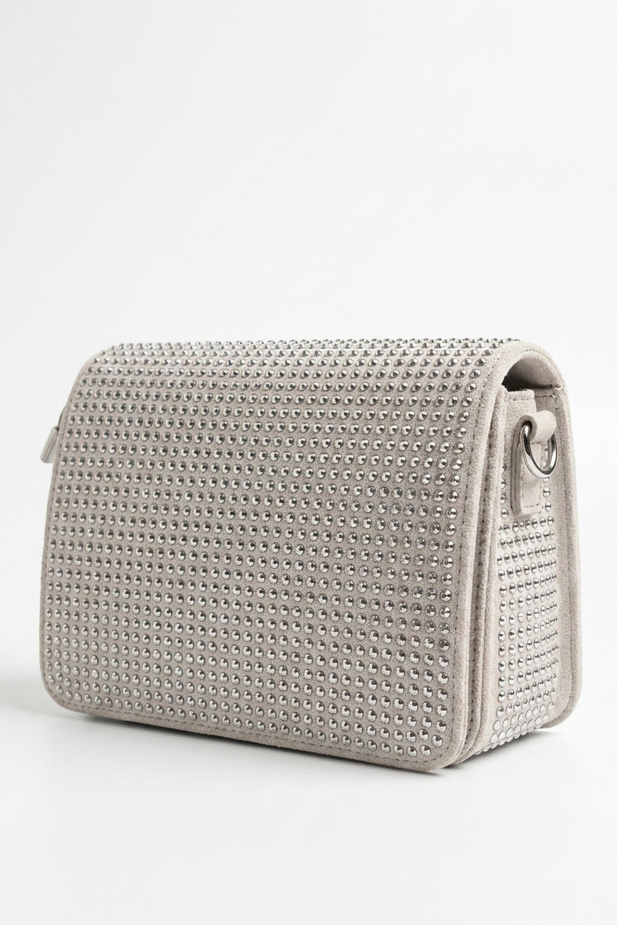 Pearl Diamante Flap Crossbody Bag - Grey
