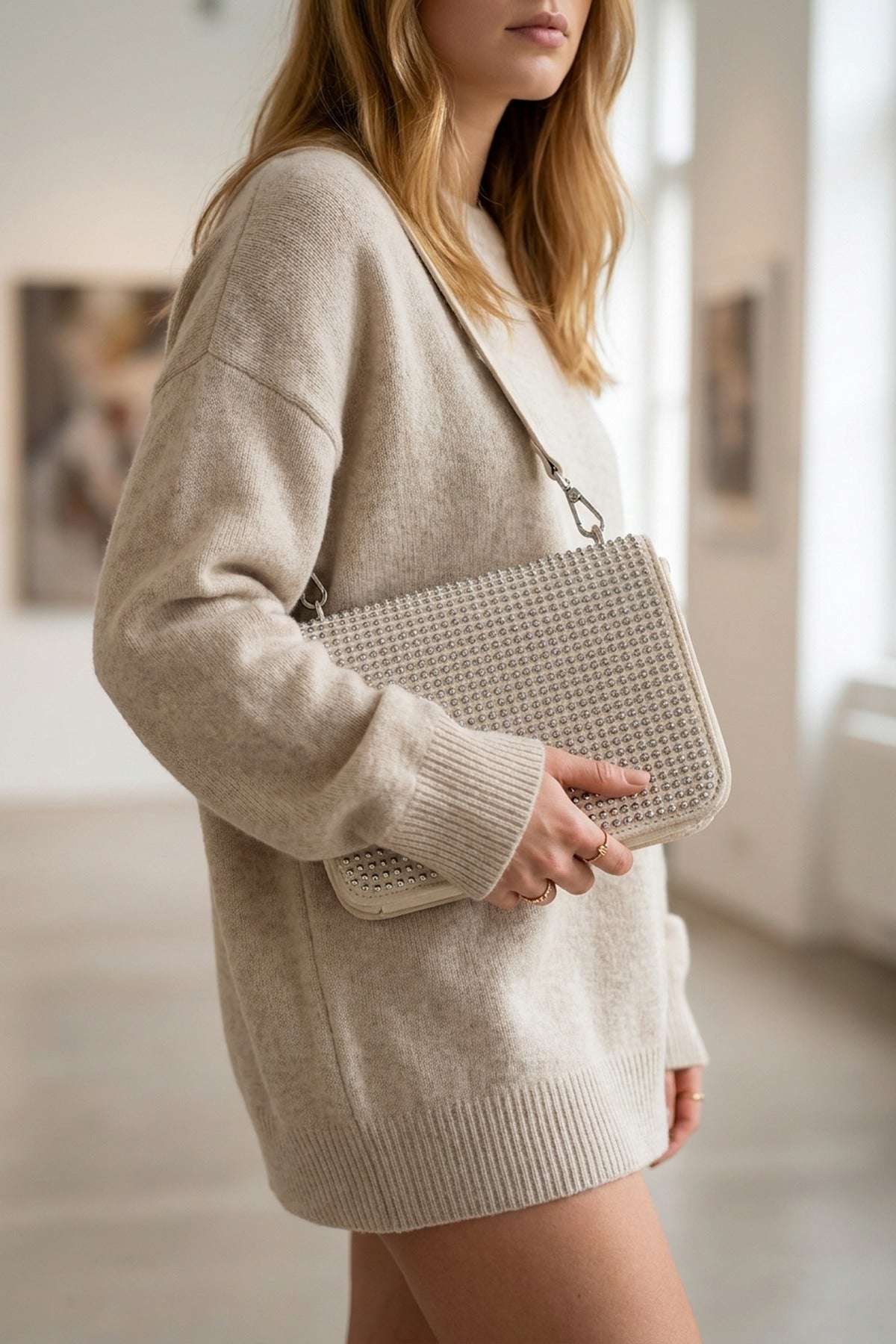 Pearl Diamante Flap Crossbody Bag - White