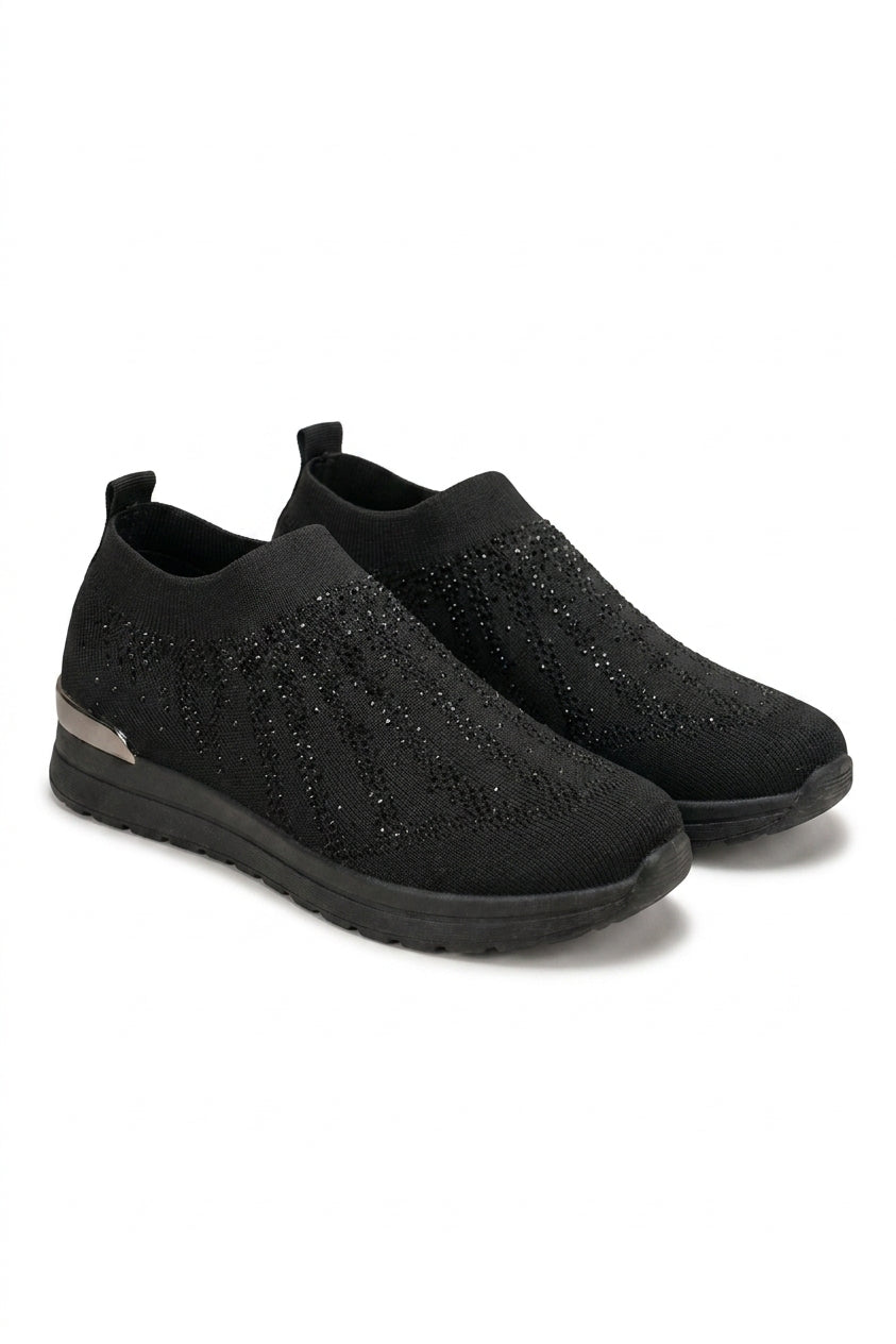 Tawnie Diamante Knit Slip-on Wedge Trainers - All Black_wb