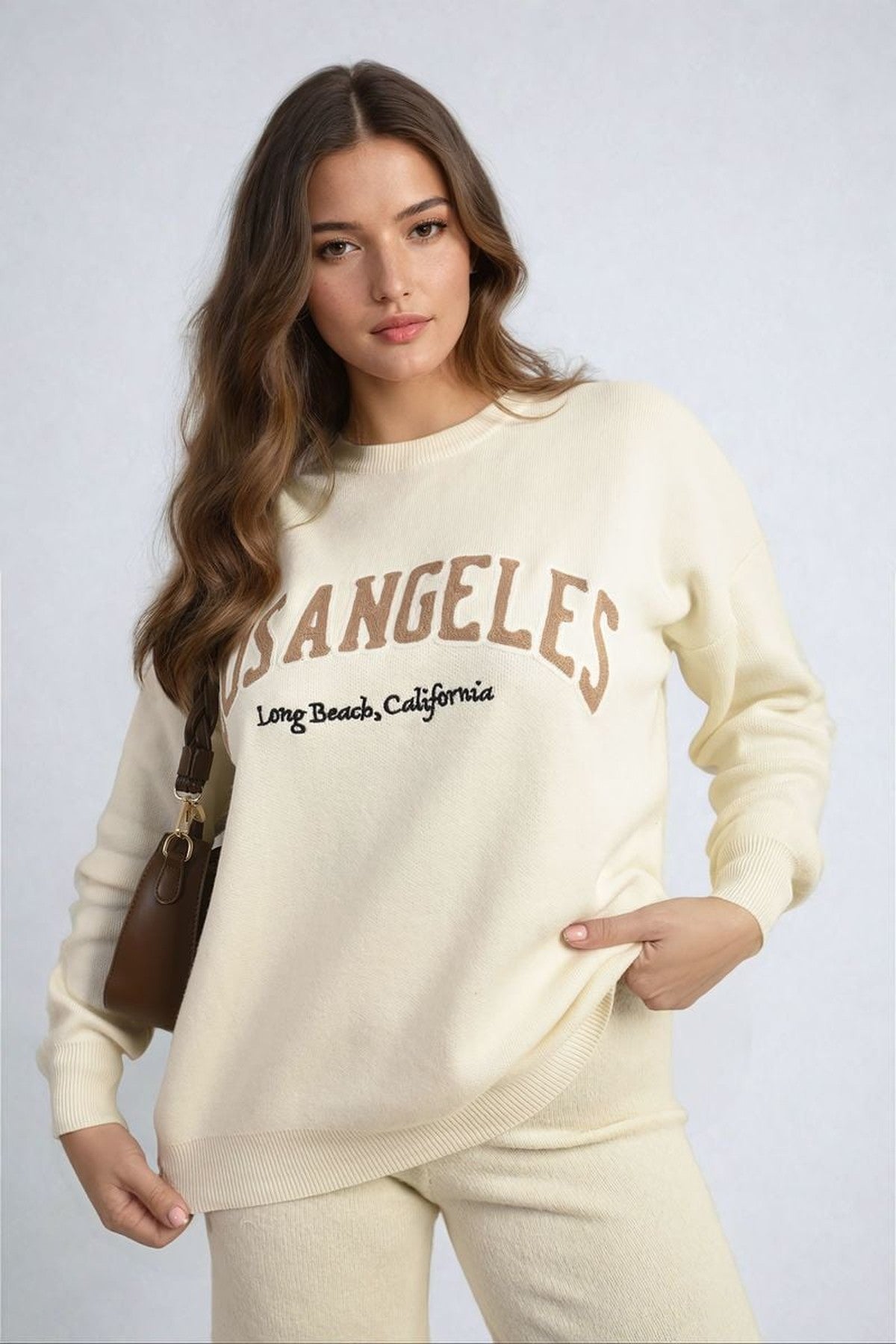 Dorothy Los Angeles Graphic Long Sleeve Knitted Jumper - Beige