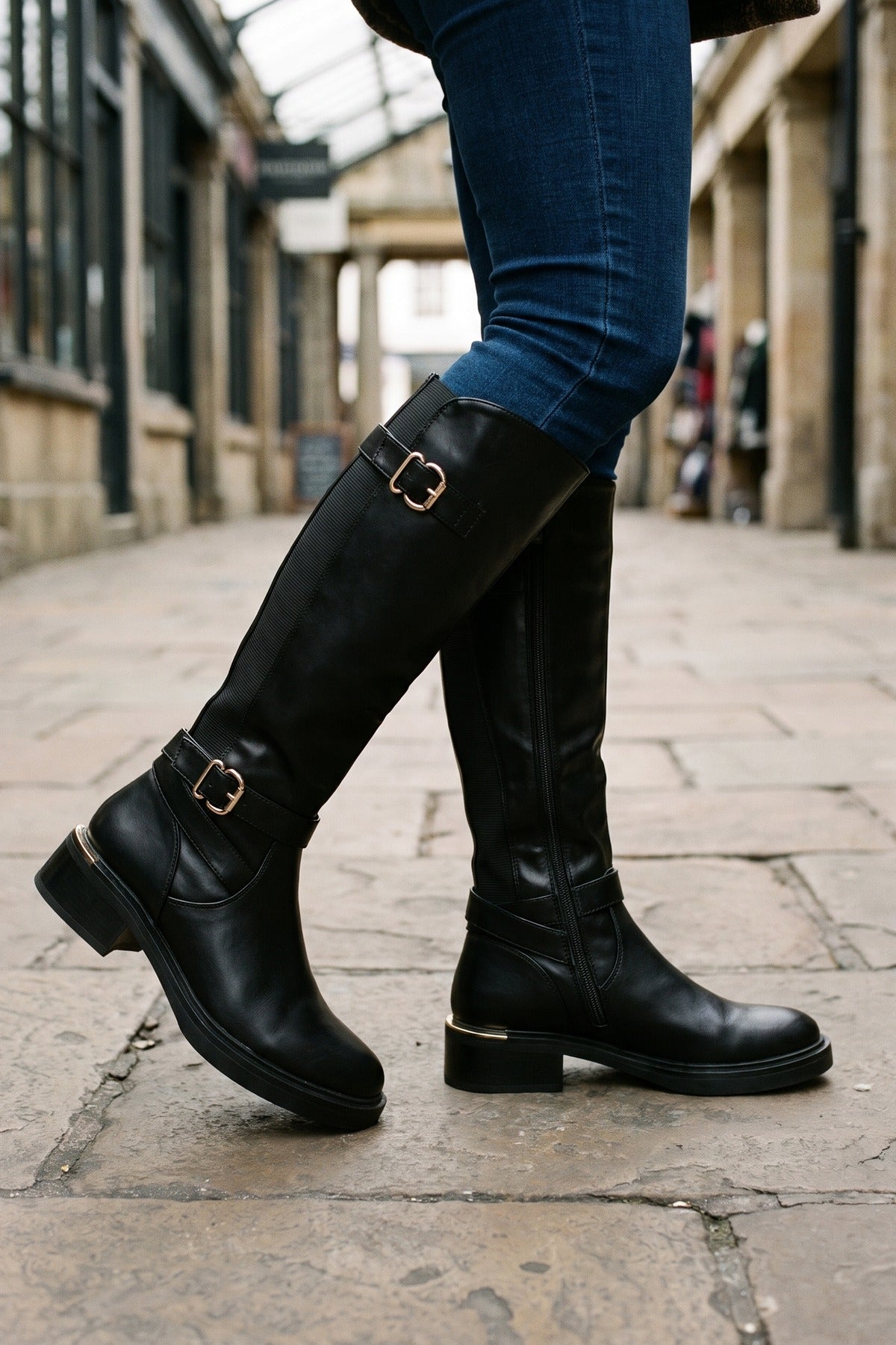 Signe Double Buckle Knee High Riding Boots - Black