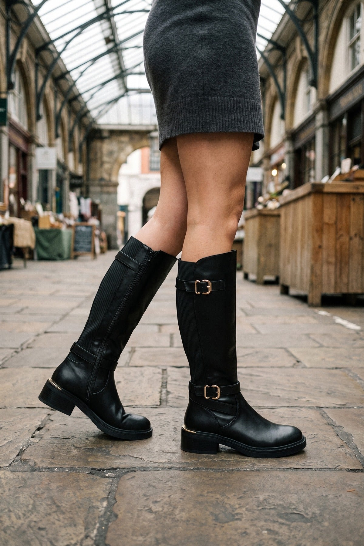 Signe Double Buckle Knee High Riding Boots - Black