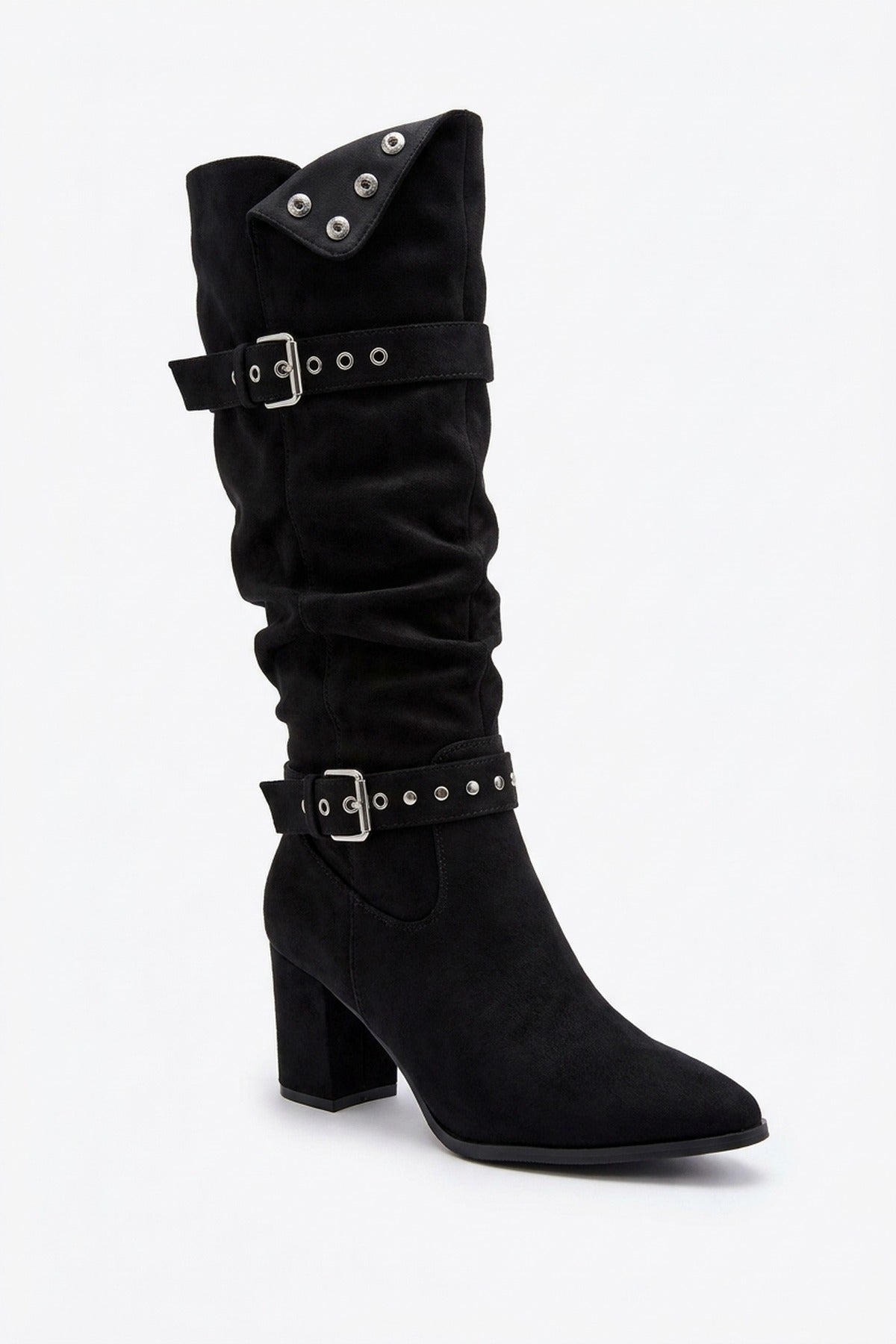 Tamsin Faux Suede Over The Knee Buckle Strap Boots - Black