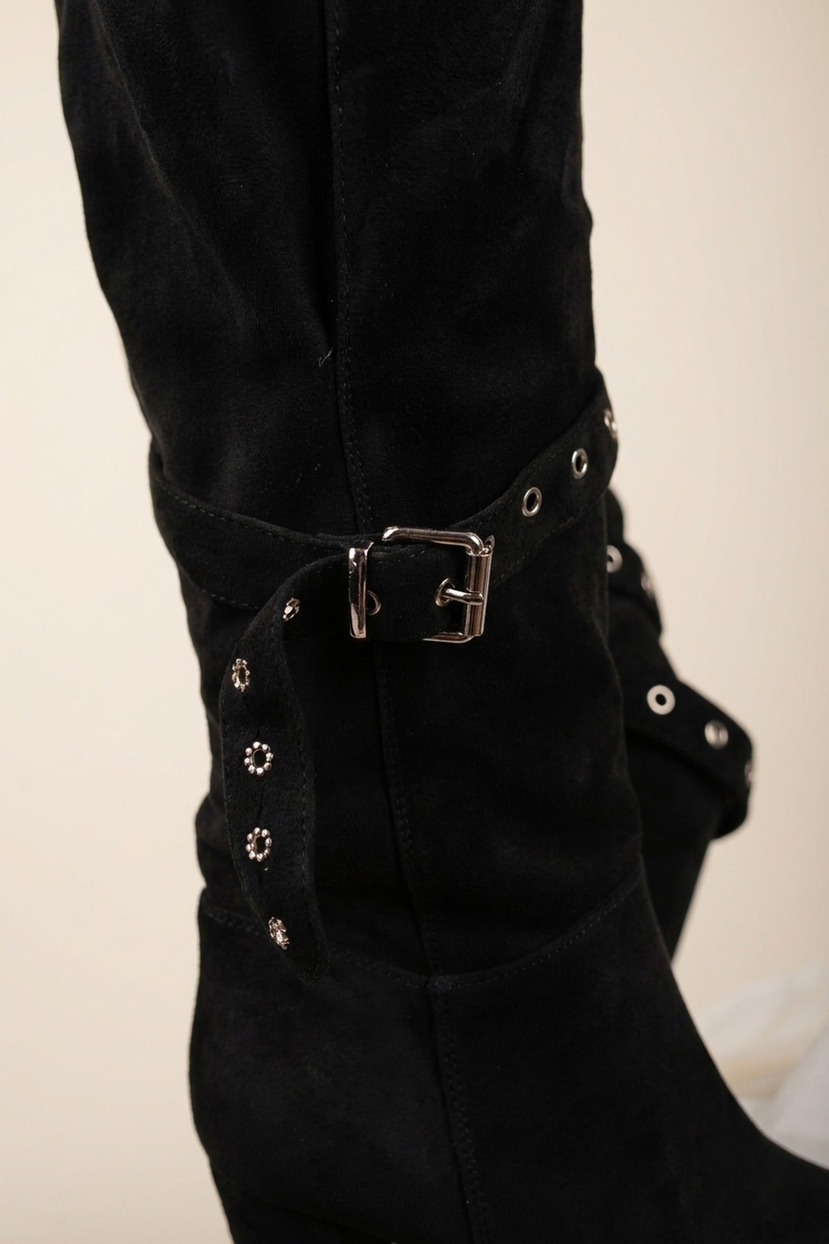 Tamsin Faux Suede Over The Knee Buckle Strap Boots - Black
