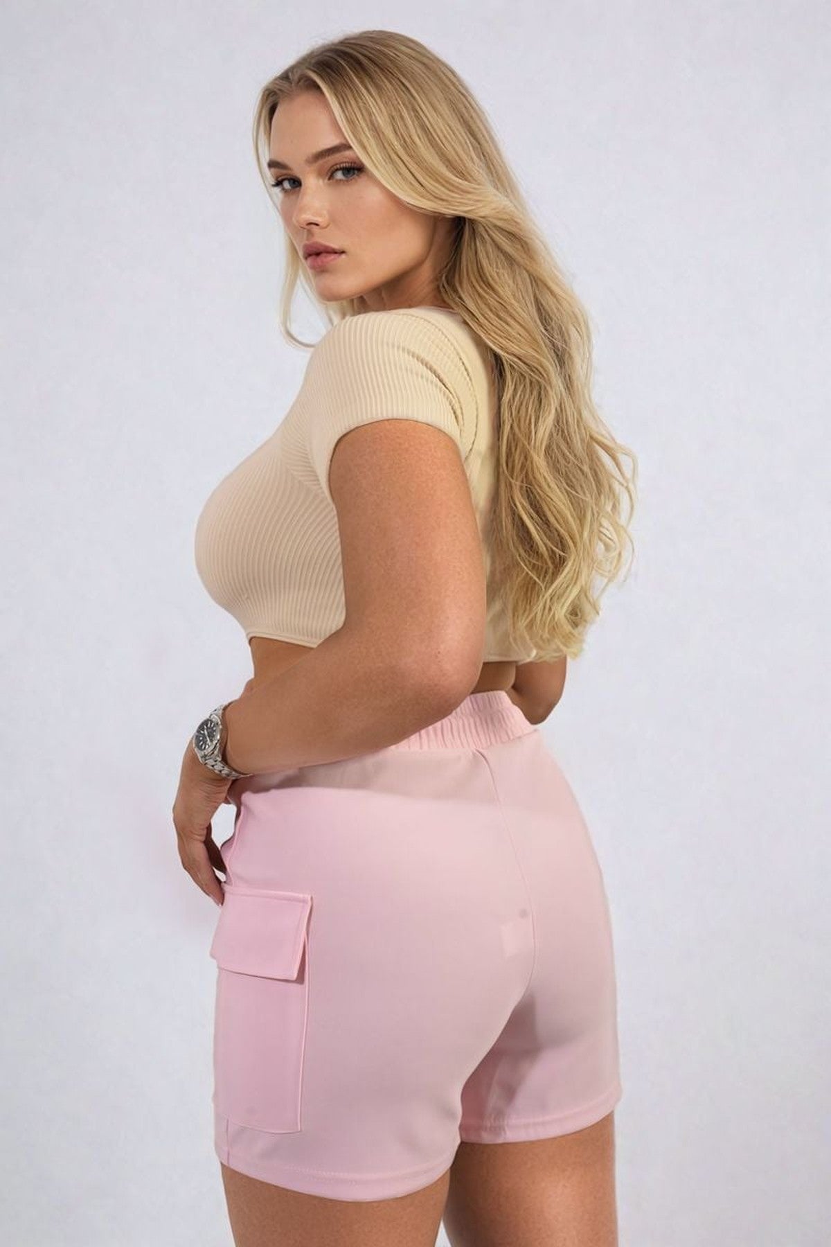 Dulce Elastic Waist Drawstring Pocket Detail Shorts - Pink