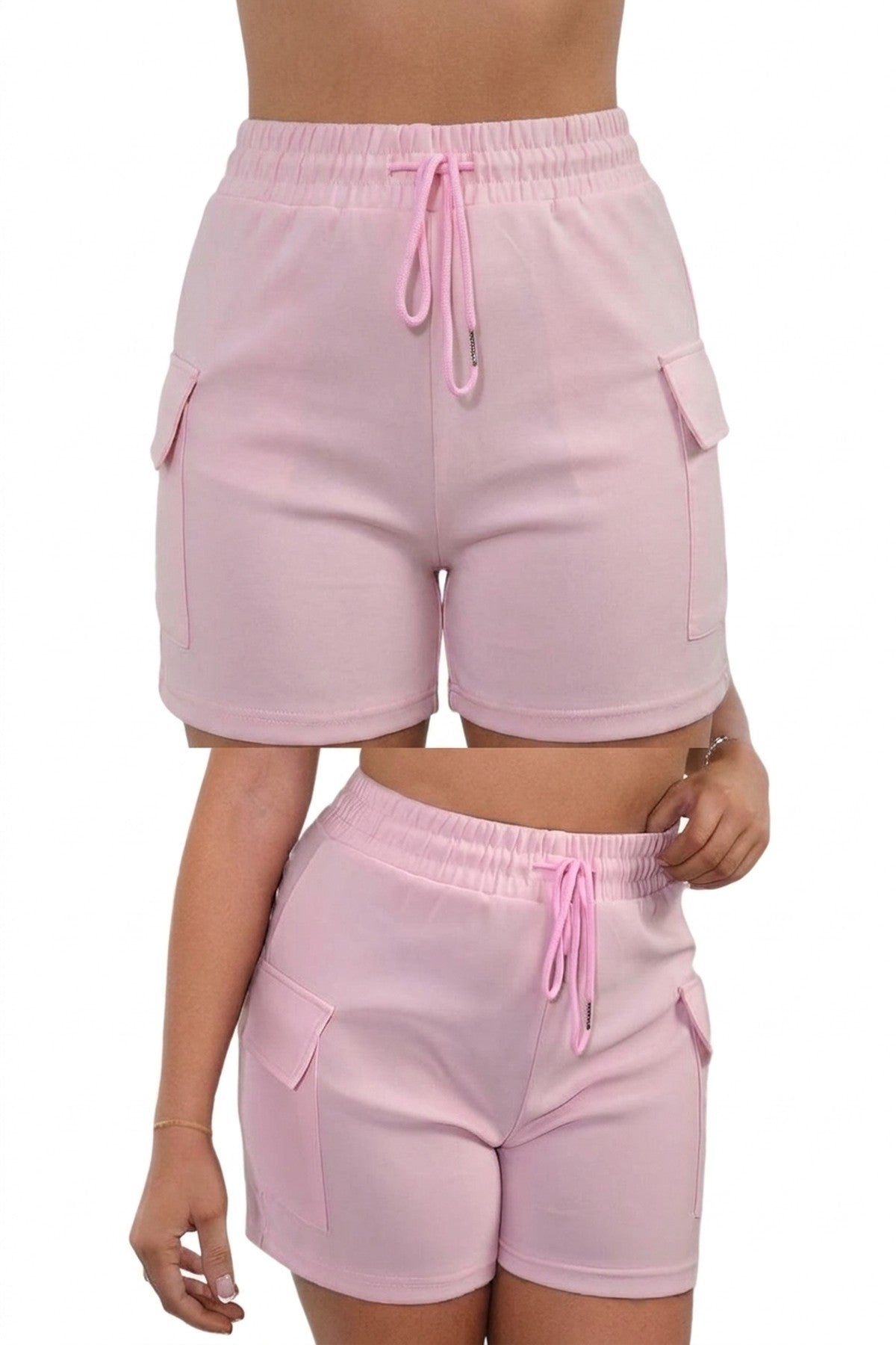 Dulce Elastic Waist Drawstring Pocket Detail Shorts - Pink