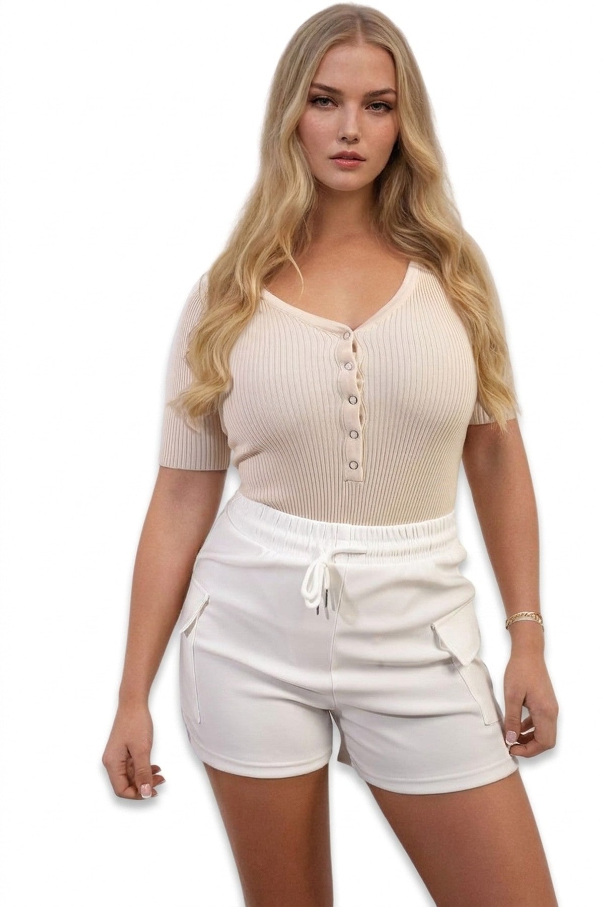 Dulce Elastic Waist Drawstring Pocket Detail Shorts - White_wb