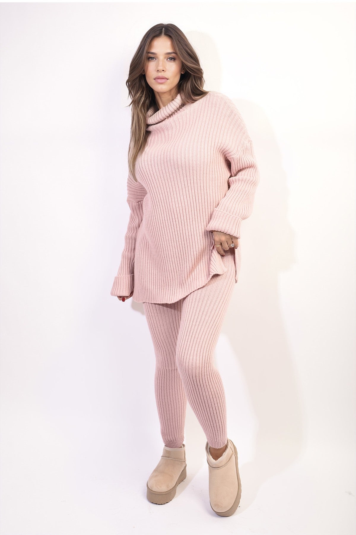Mila Chunky Knitted High Roll Neck Top Bottom Co-ord Set - Dusty Pink