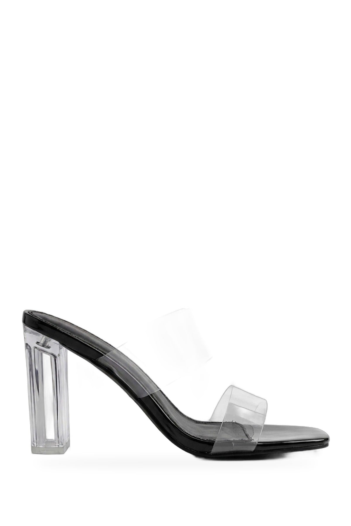 Edie Clear Strap High Block Heel Mules - Black