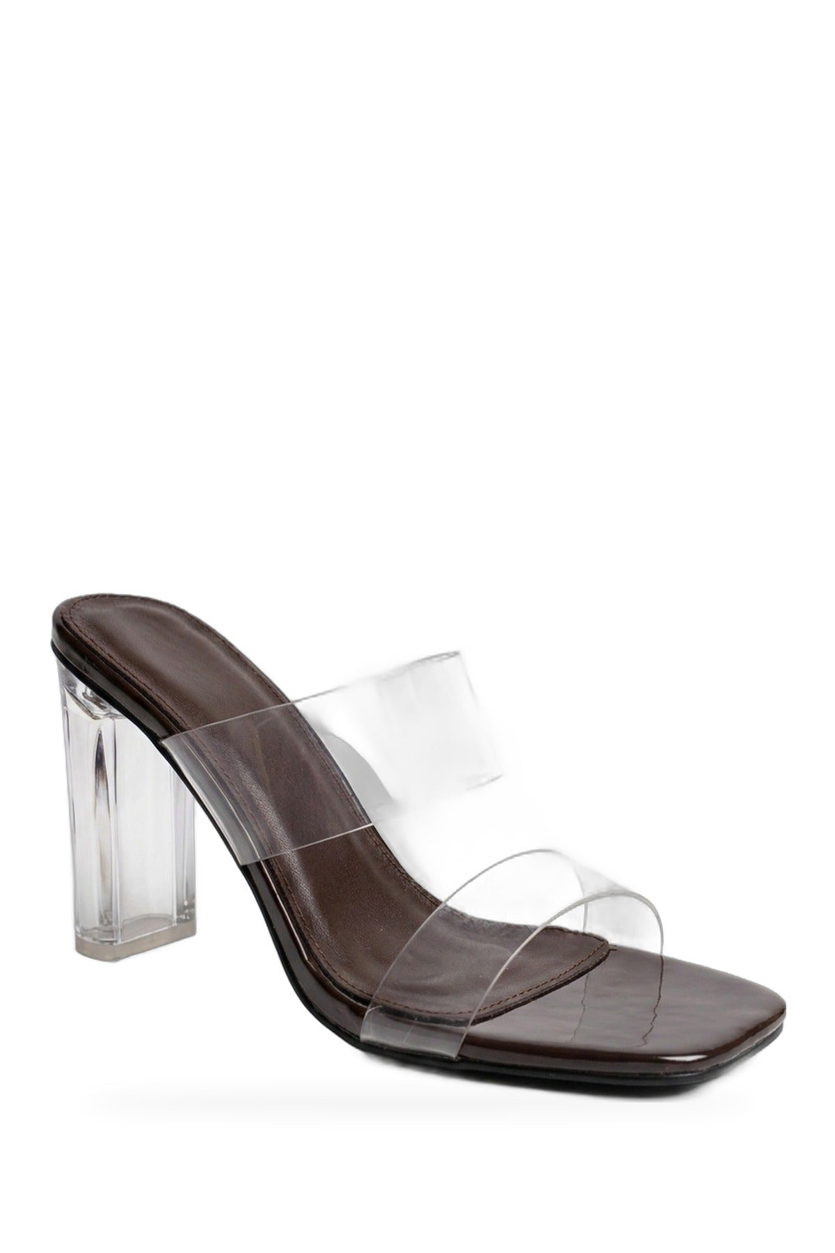 Edie Clear Strap High Block Heel Mules - Brown