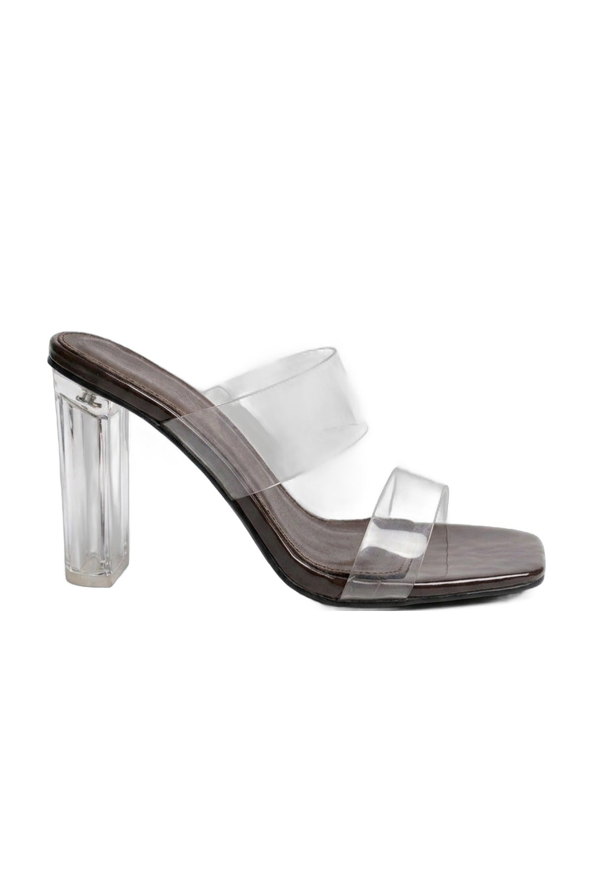 Edie Clear Strap High Block Heel Mules - Brown_wb