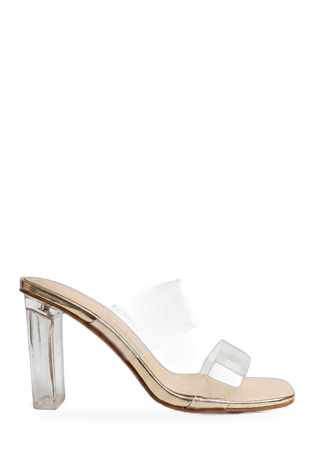 Edie Clear Strap High Block Heel Mules - Gold