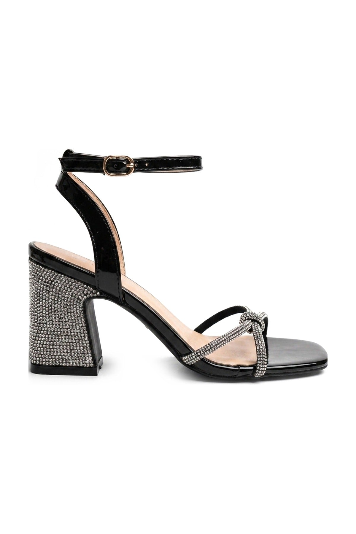 Edie Rhinestone Block Heel Knotted Sandals - Black_wb