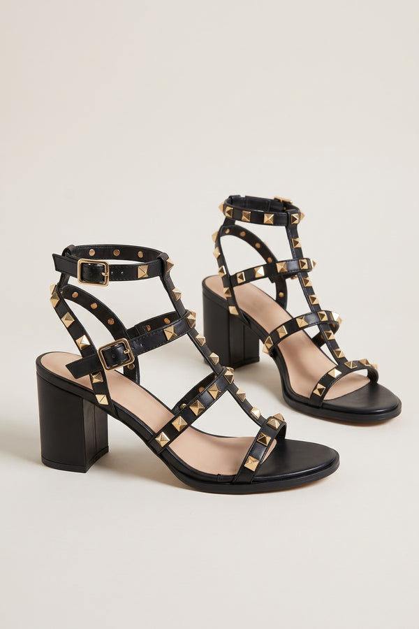 Edie Studded T Bar Block Sandals - Black