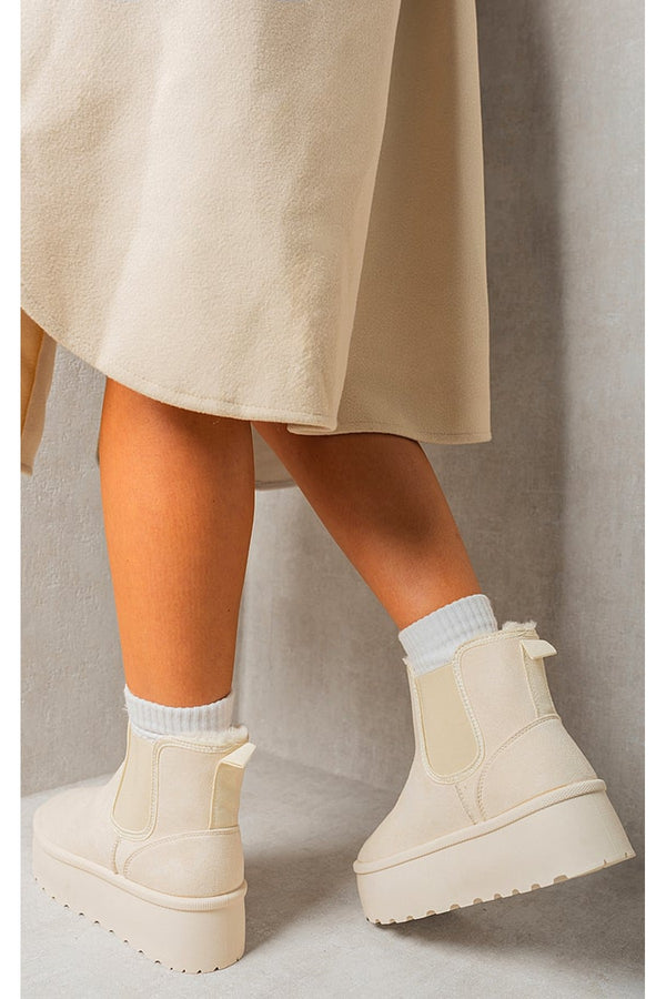 Edith Fluffy Platform Sole Chelsea Faux Fur Lined Ankle Boots - Beige