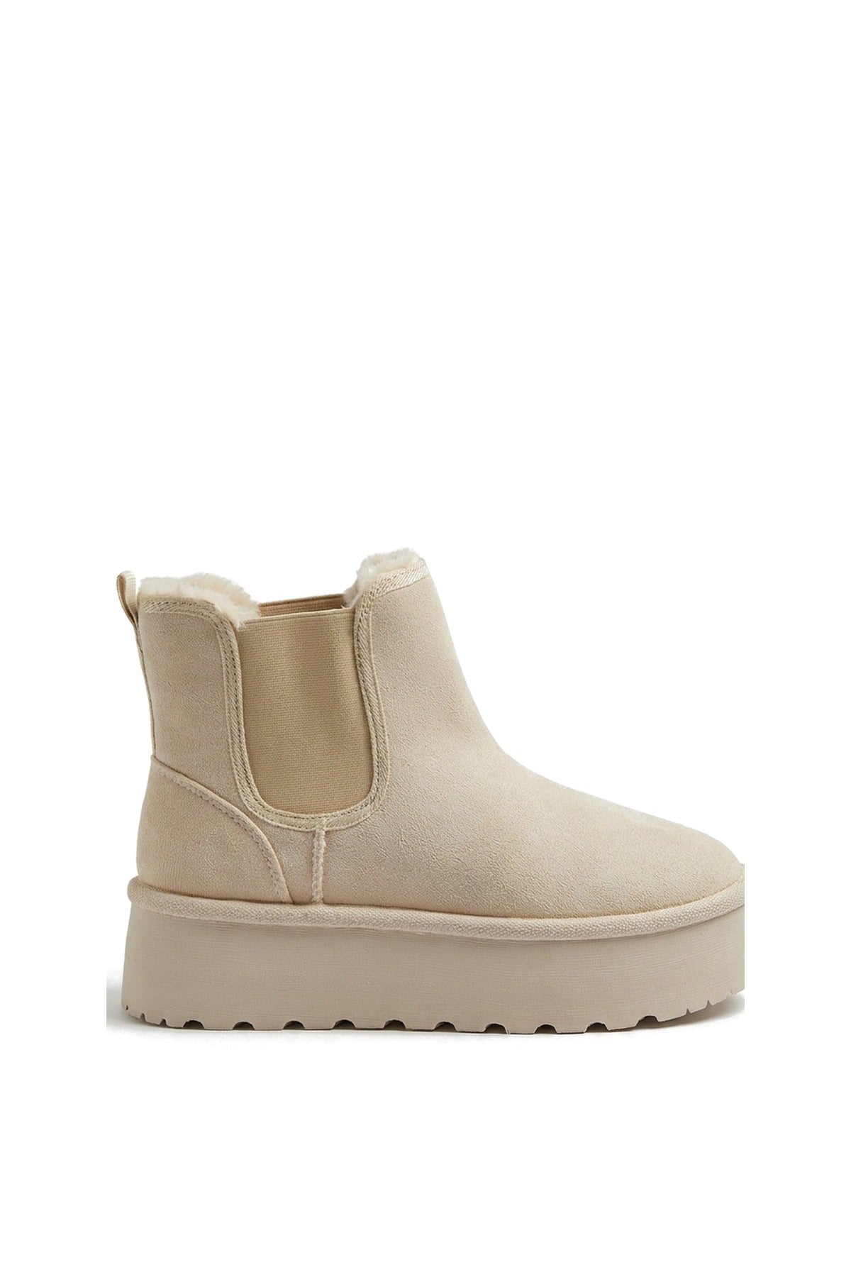 Edith Fluffy Platform Sole Chelsea Faux Fur Lined Ankle Boots - Beige