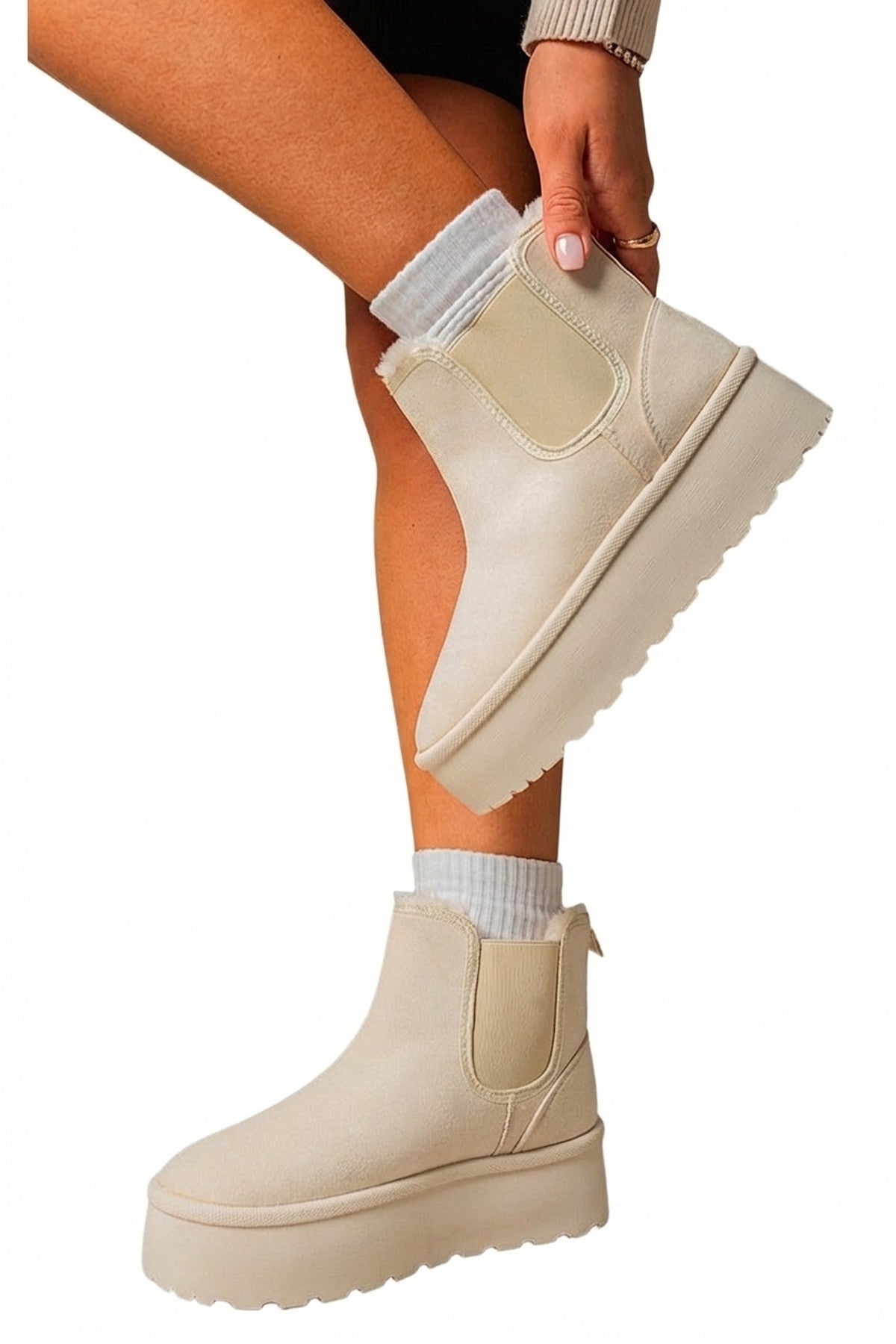Edith Fluffy Platform Sole Chelsea Faux Fur Lined Ankle Boots - Beige_wb
