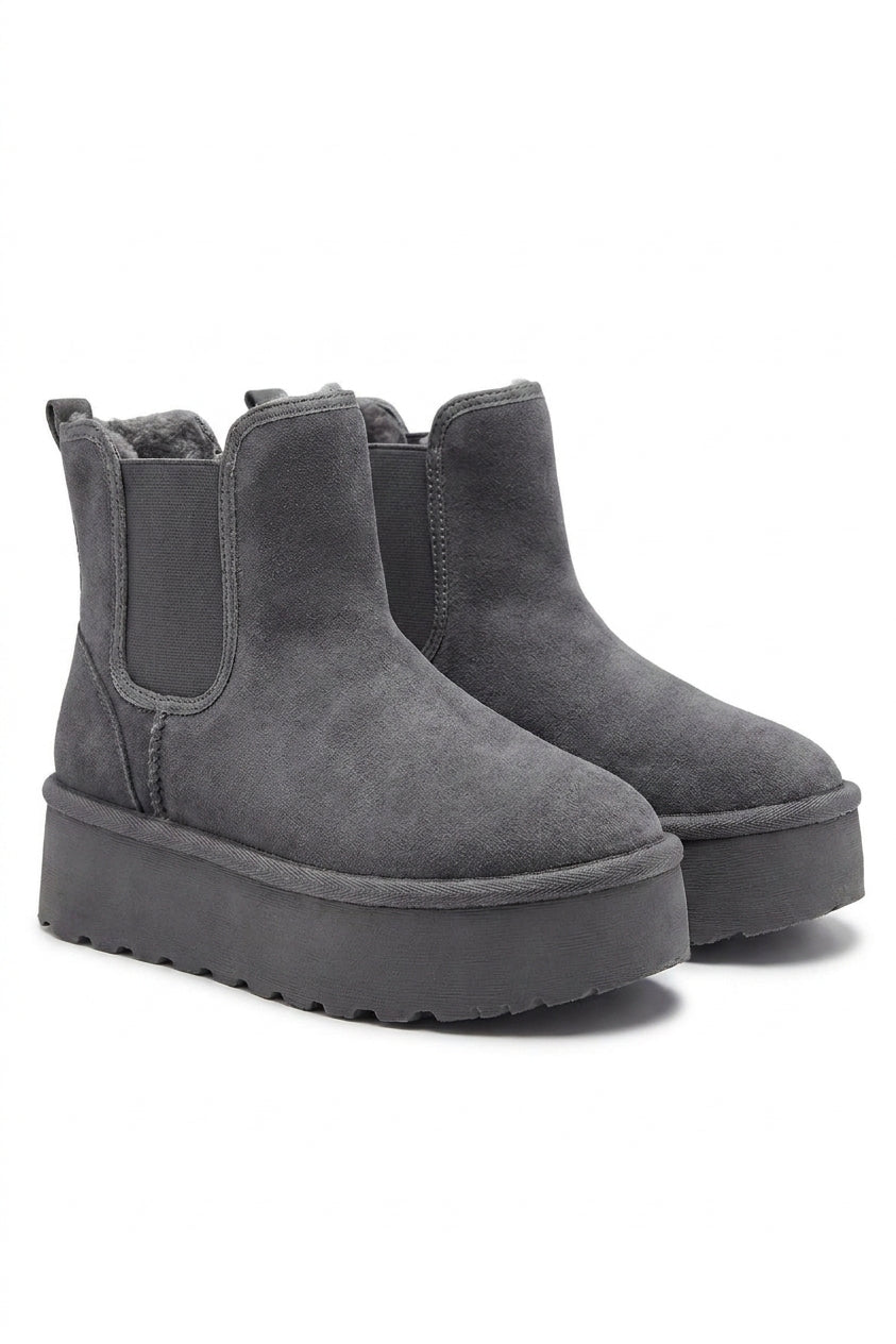 Edith Fluffy Platform Sole Chelsea Faux Fur Lined Ankle Boots - Grey