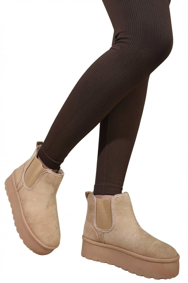 Edith Fluffy Platform Sole Chelsea Faux Fur Lined Ankle Boots - Mocha