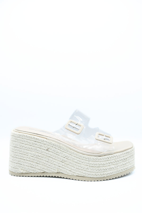 Edna Double Buckle Transparent Straps Slip On Wedge Heels - Beige