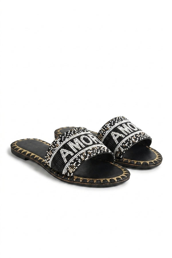 Eleanor Beaded Amore Slide Sandals - Black