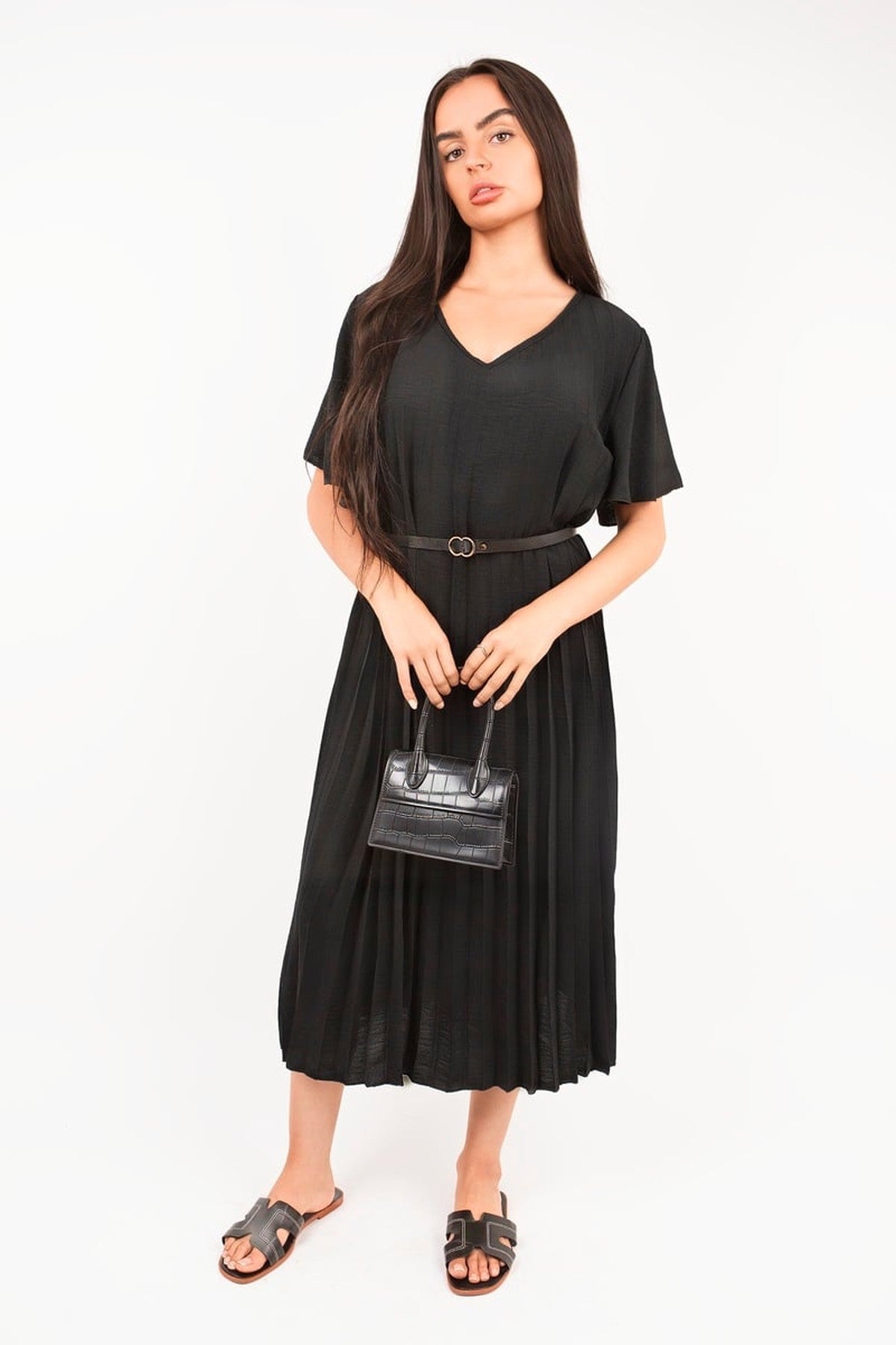 Elidi Short Sleeve Pleated Midi Dress With Waist Belt - Black