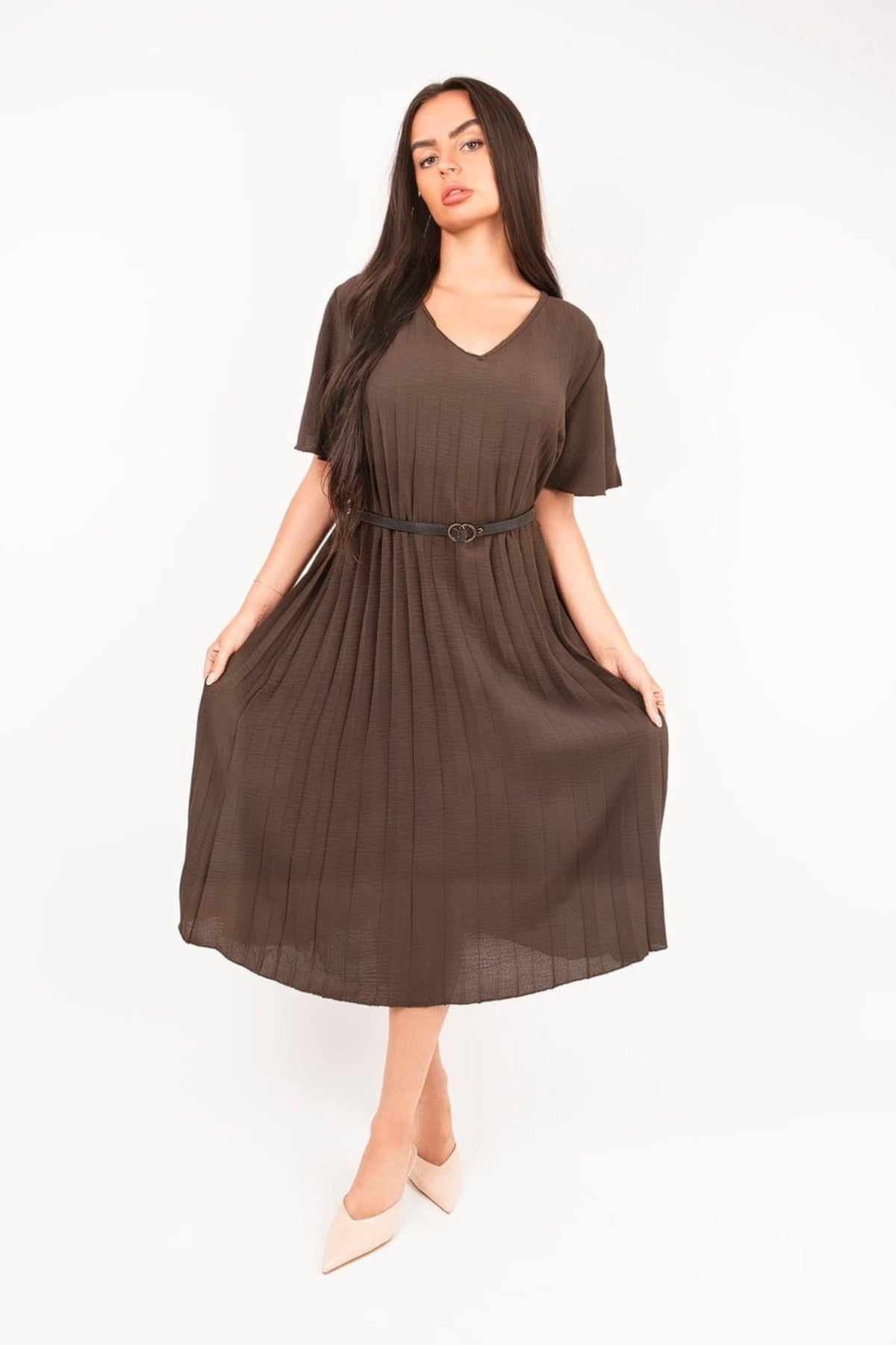 Elidi Short Sleeve Pleated Midi Dress With Waist Belt - Choc Brown