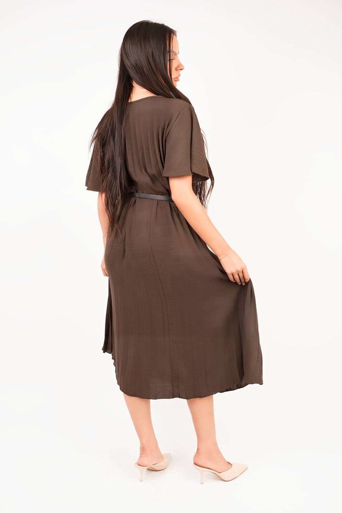 Elidi Short Sleeve Pleated Midi Dress With Waist Belt - Choc Brown