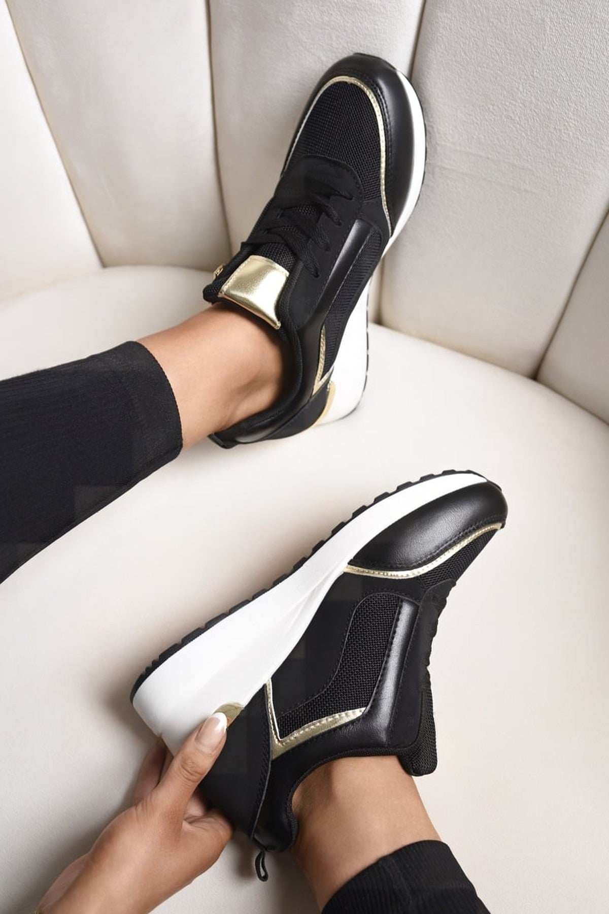 Elira Zip Side Mesh Panel Wedge Trainers - Black