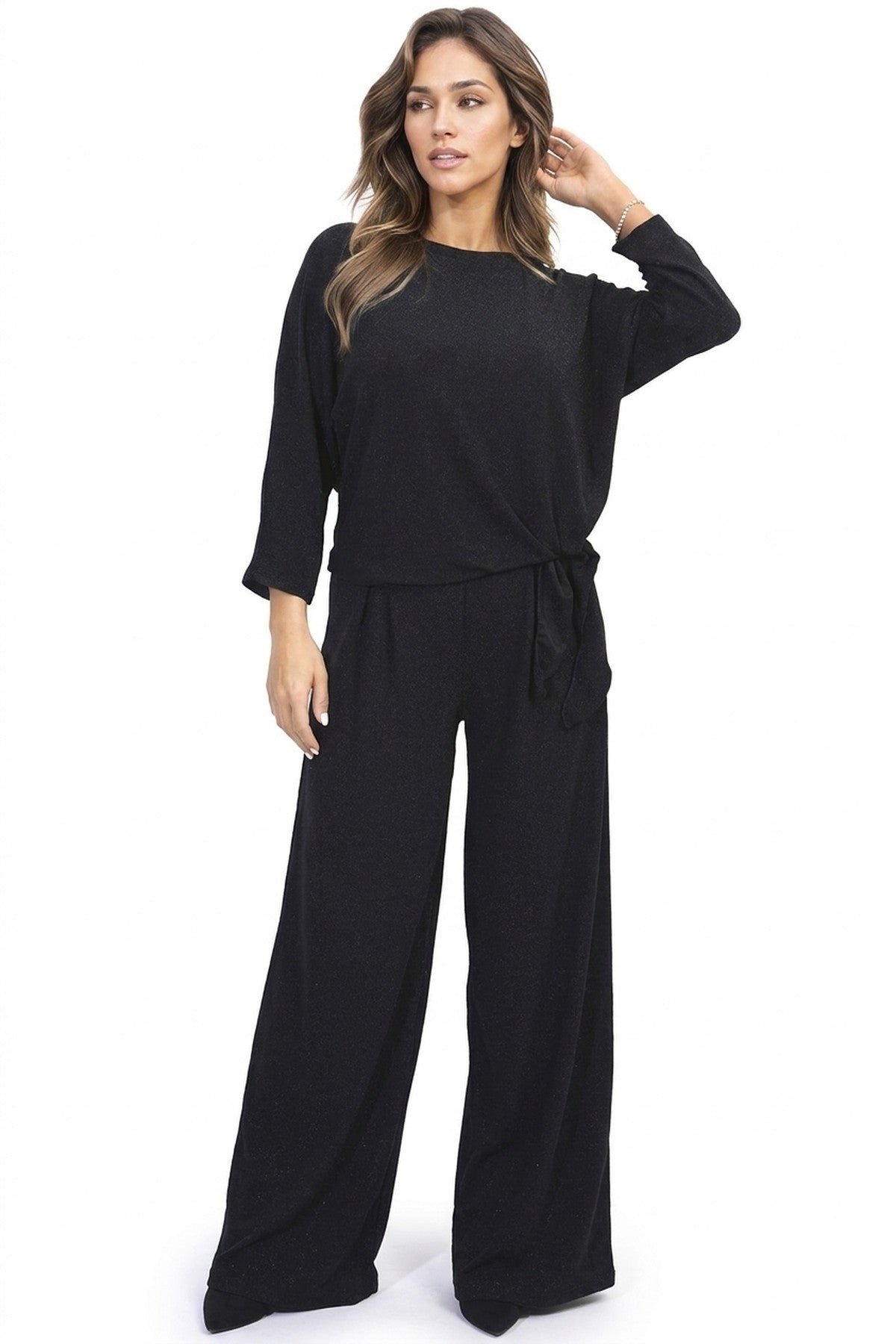 Ella Side Tie Long Sleeve Casual Top - Black_wb