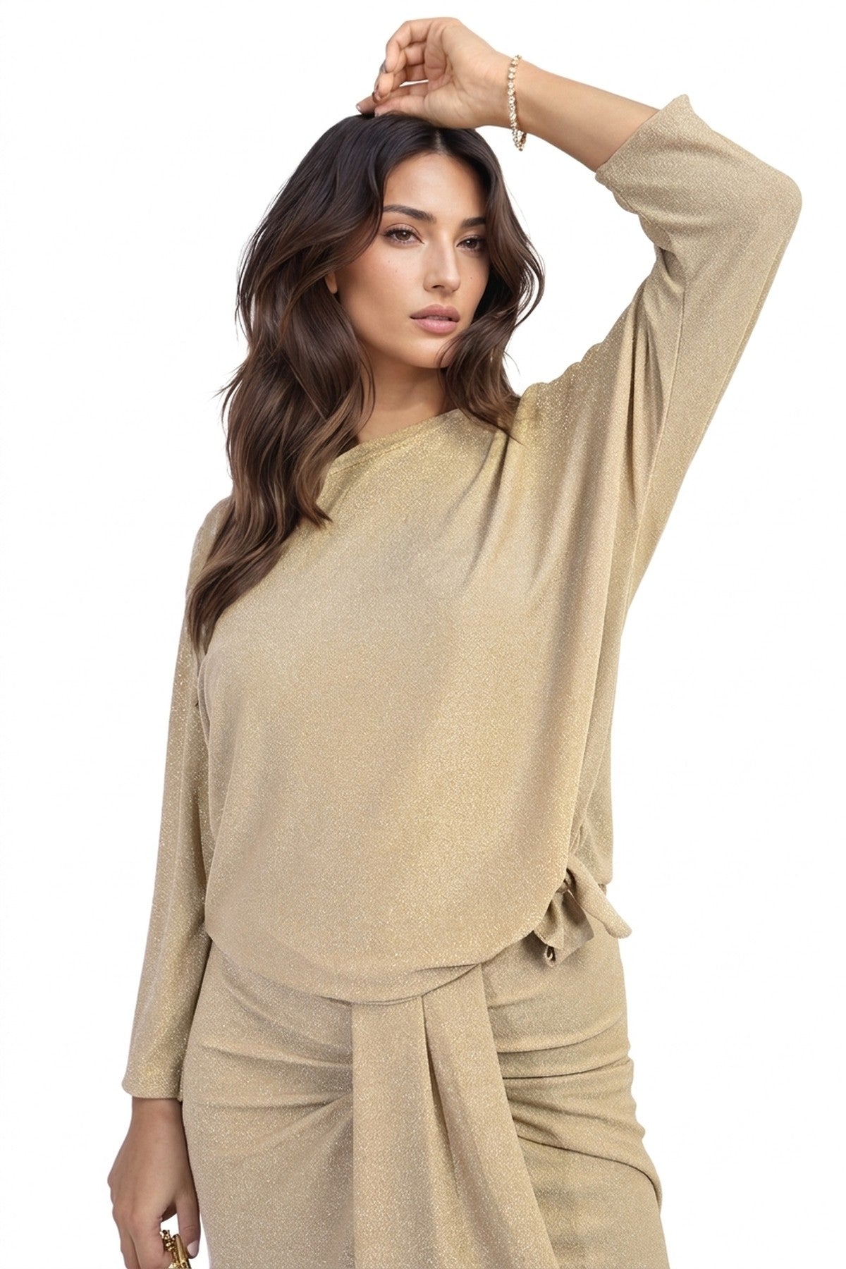 Ella Side Tie Long Sleeve Casual Top - Gold_wb